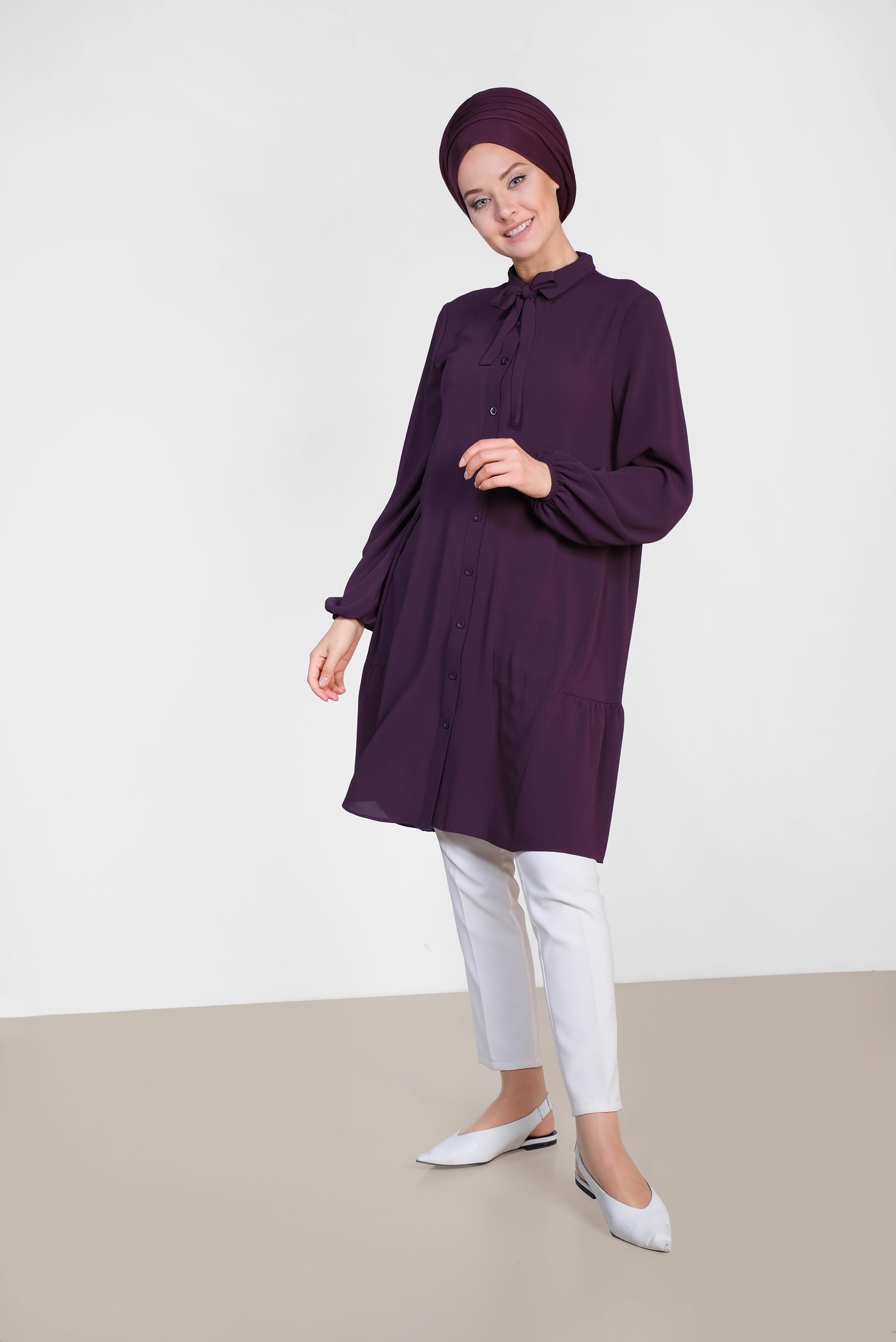 Tesettür giyim BORDO KOLLARI BALON  TUNİK 4851