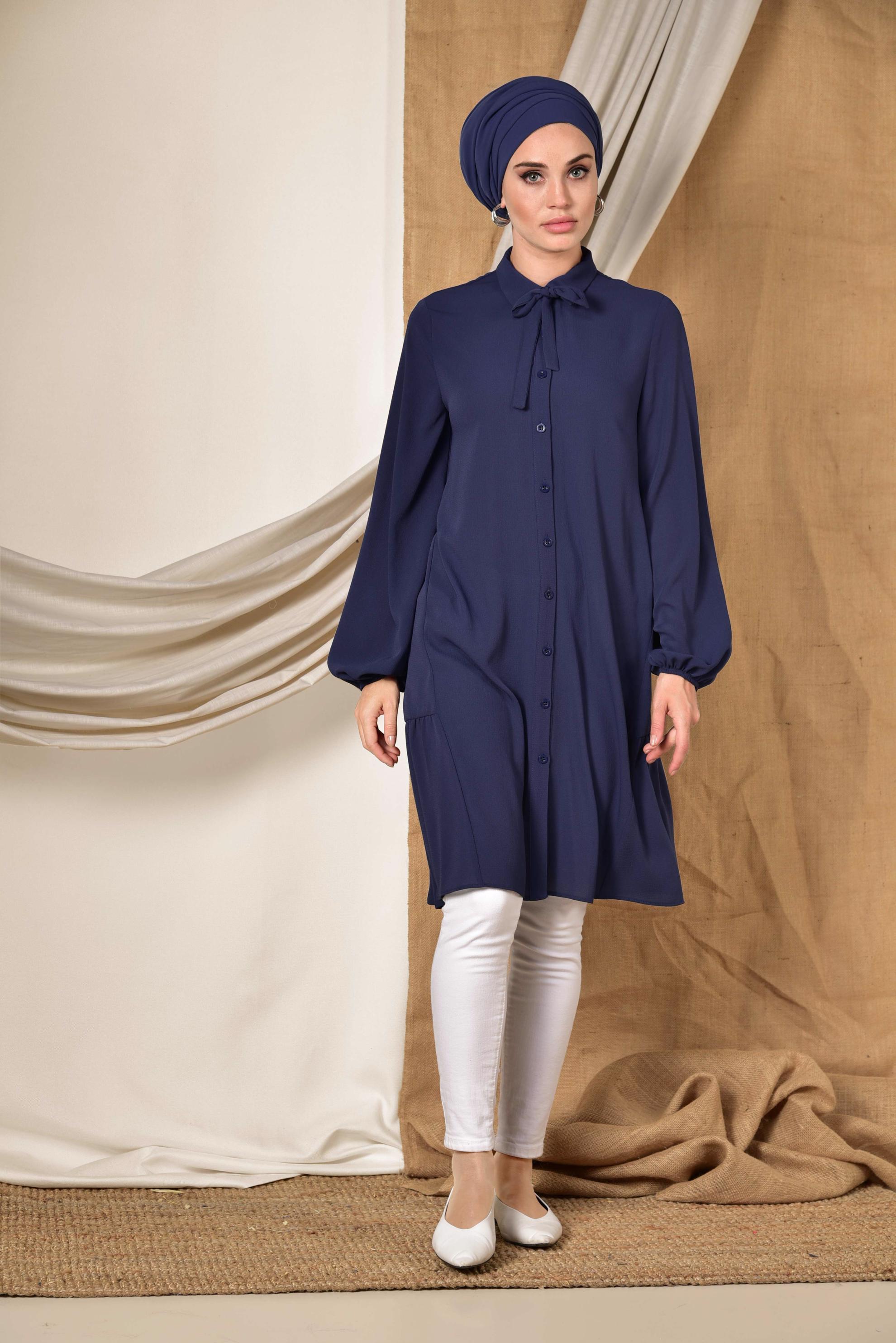 Tesettür giyim LACİVERT KOLLARI BALON  TUNİK 4851