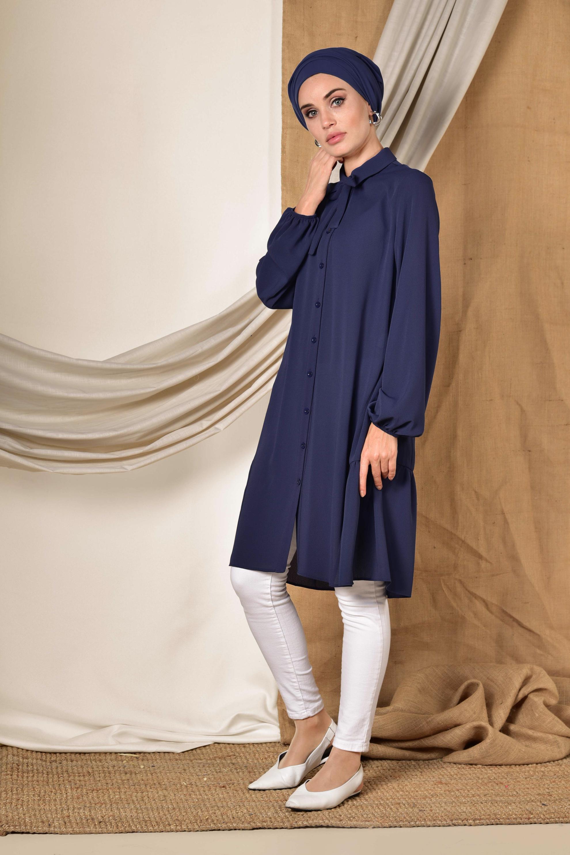 Tesettür giyim LACİVERT KOLLARI BALON  TUNİK 4851