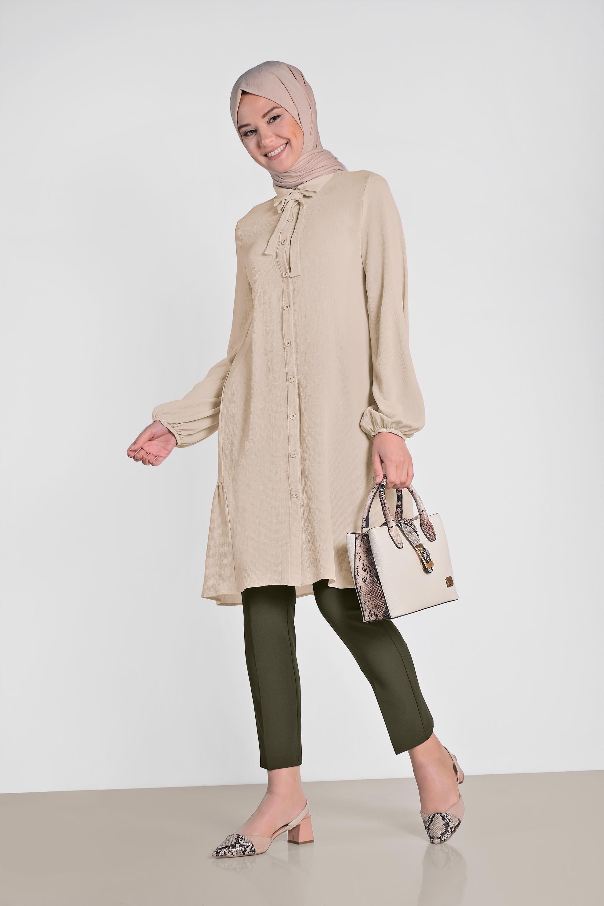 Tesettür giyim EKRU KOLLARI BALON  TUNİK 4851