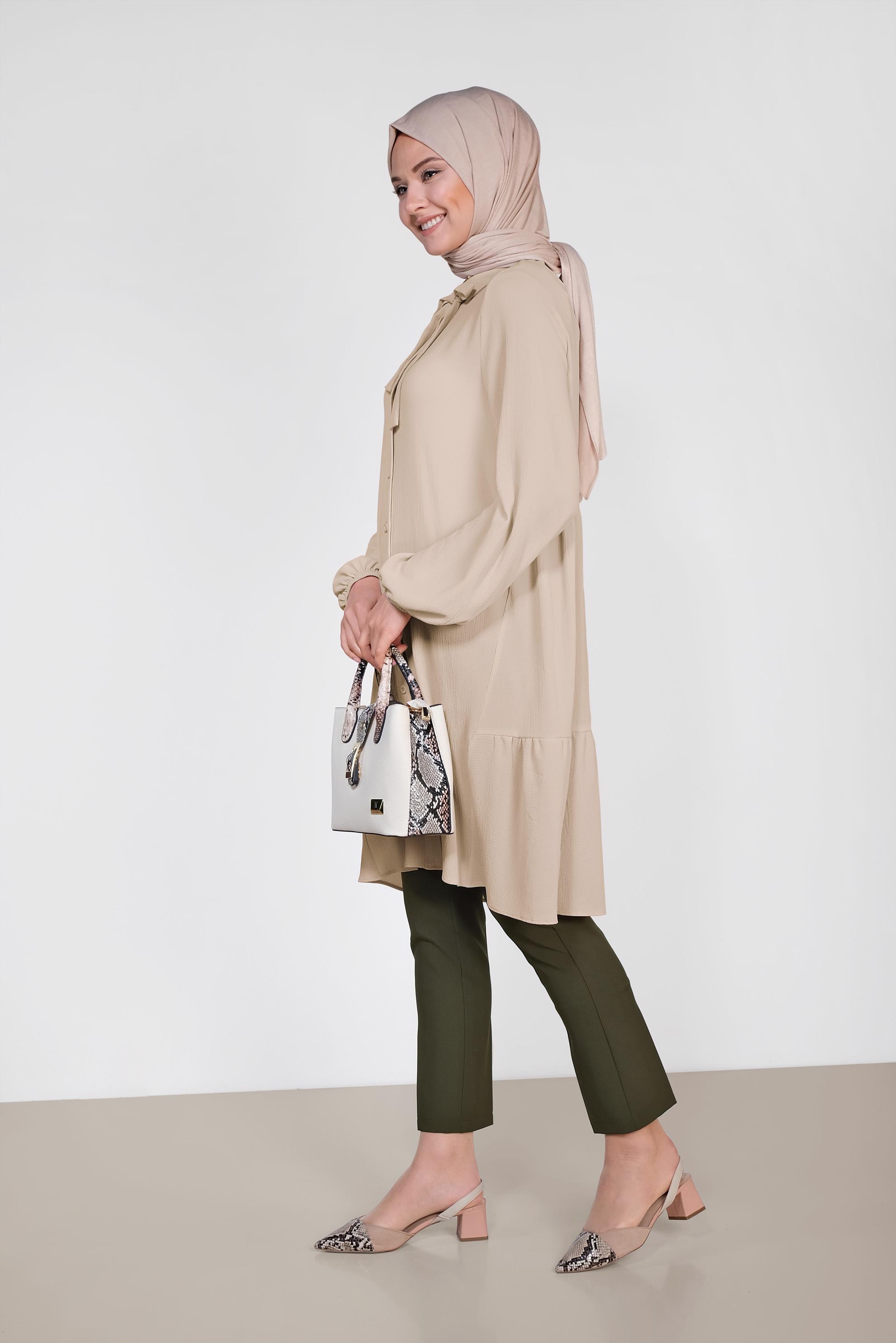 Tesettür giyim EKRU KOLLARI BALON  TUNİK 4851