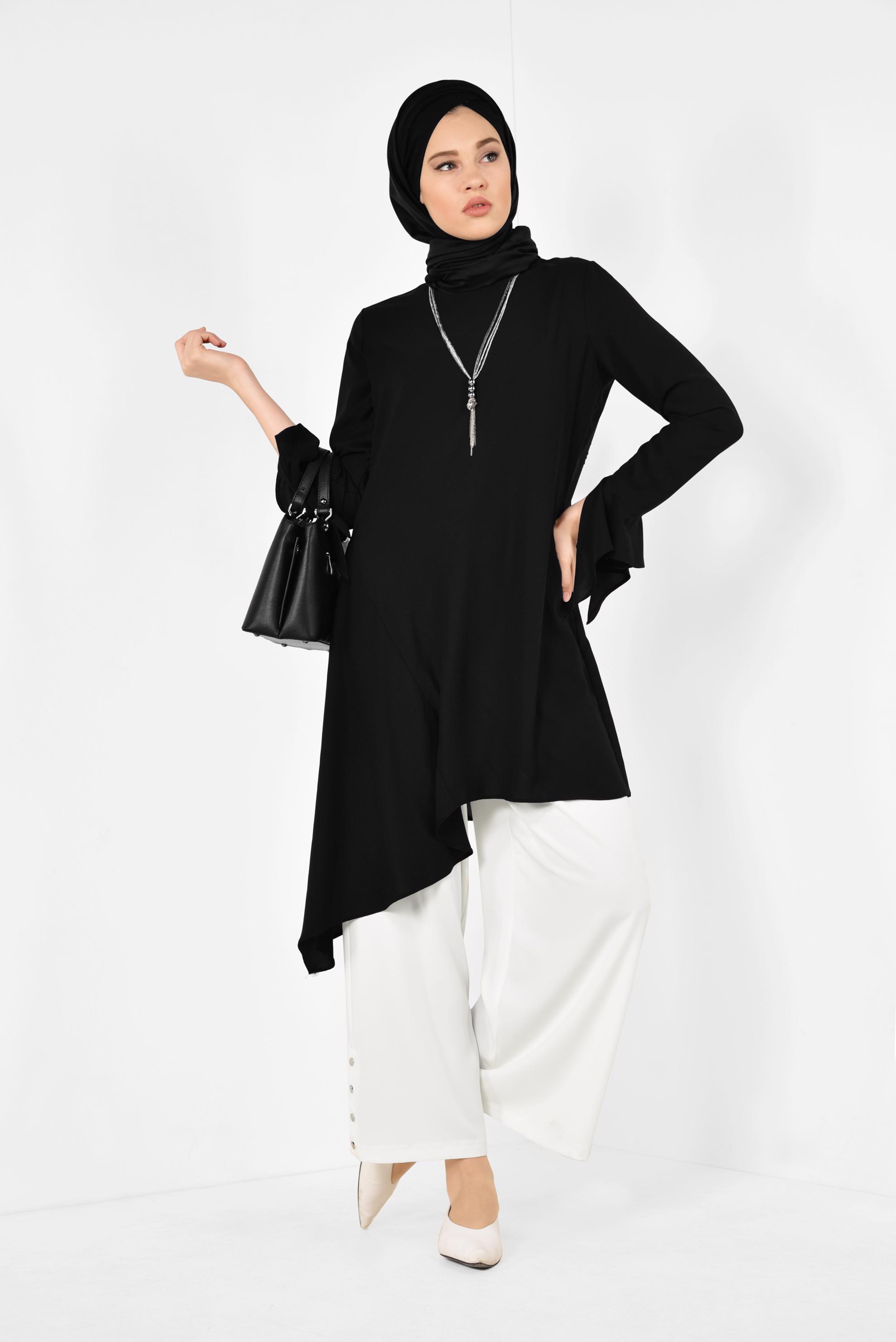 Tesettür giyim SİYAH ASİMETRİK KESİM PİLİSE DETAYLI TUNİK 4852
