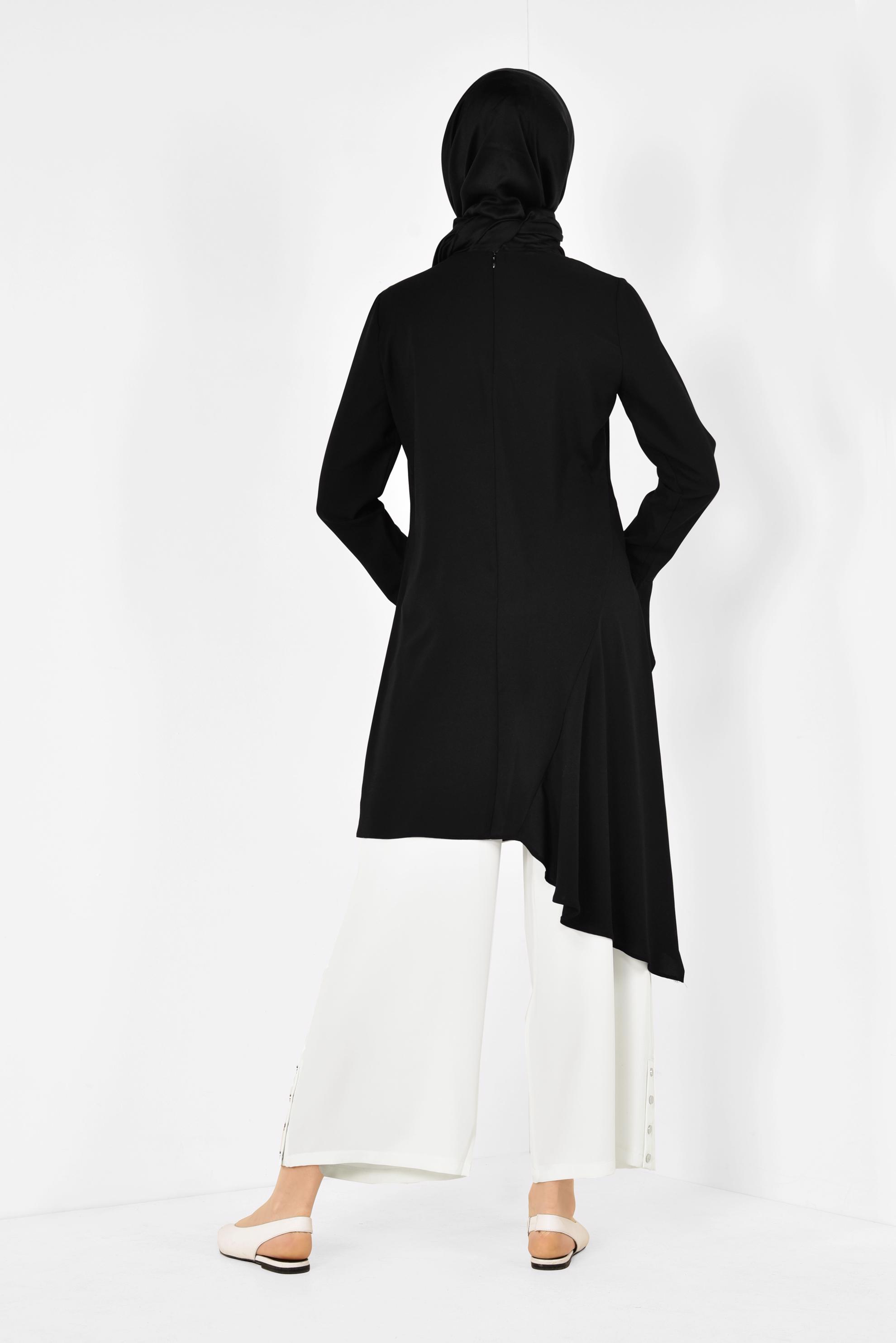 Tesettür giyim SİYAH ASİMETRİK KESİM PİLİSE DETAYLI TUNİK 4852