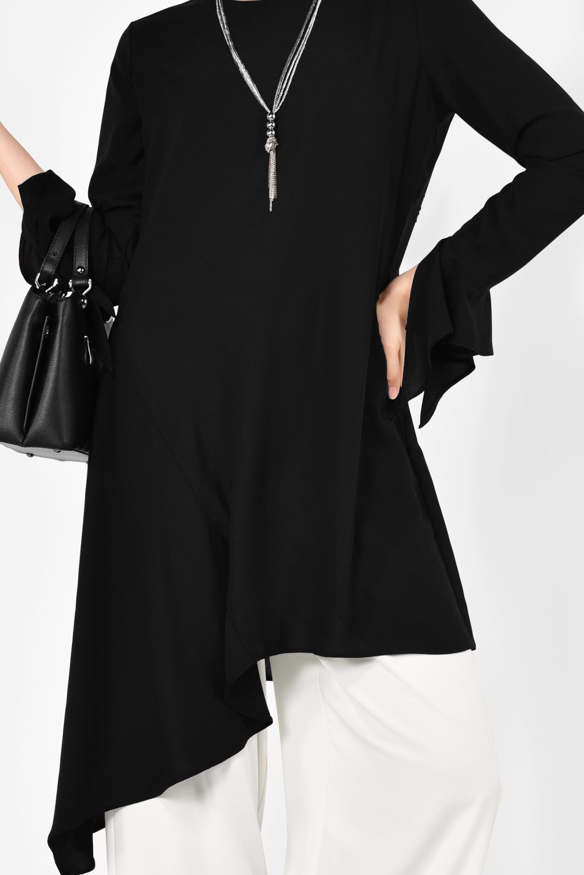 Tesettür giyim SİYAH ASİMETRİK KESİM PİLİSE DETAYLI TUNİK 4852