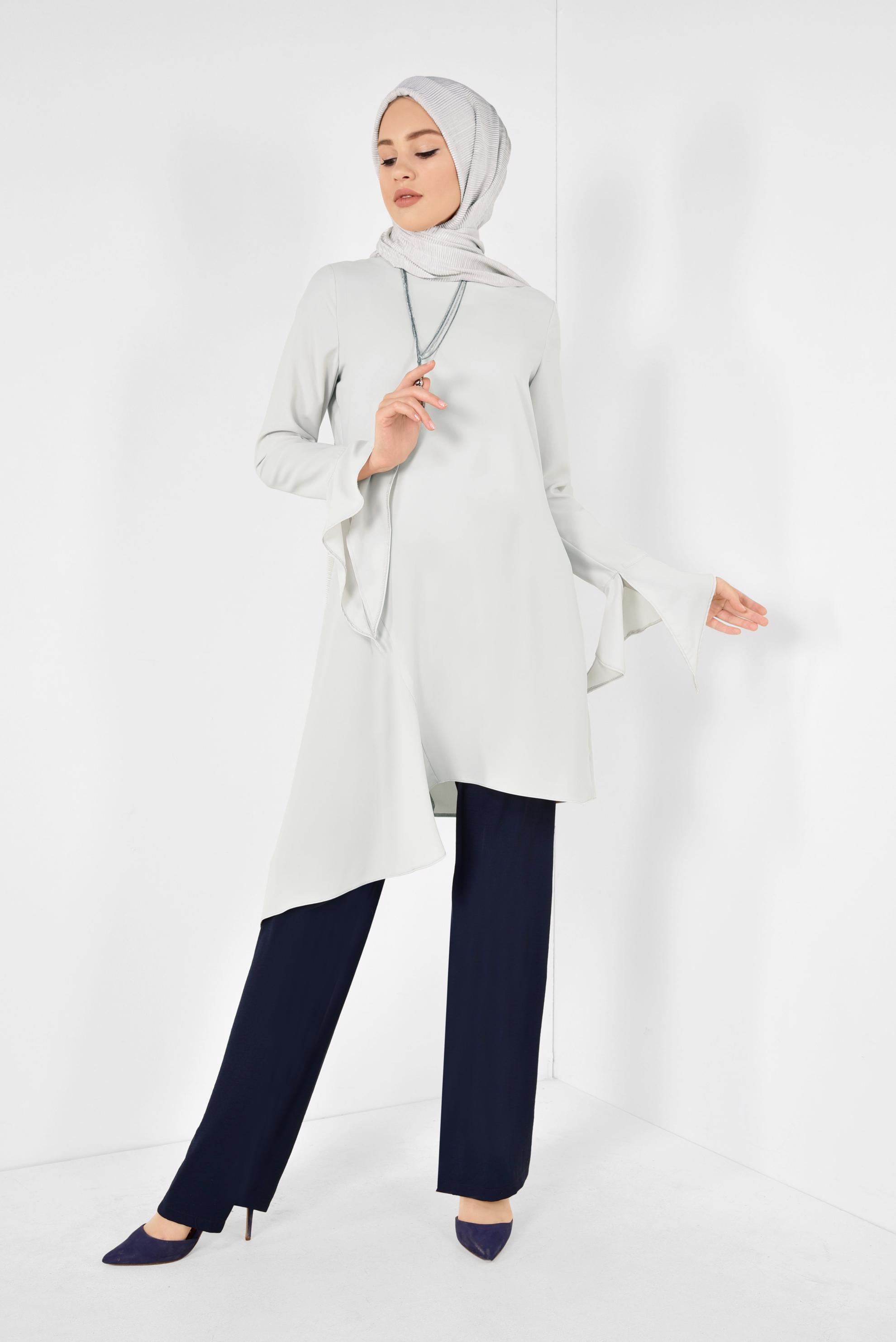 Tesettür giyim BEJ ASİMETRİK KESİM PİLİSE DETAYLI TUNİK 4852