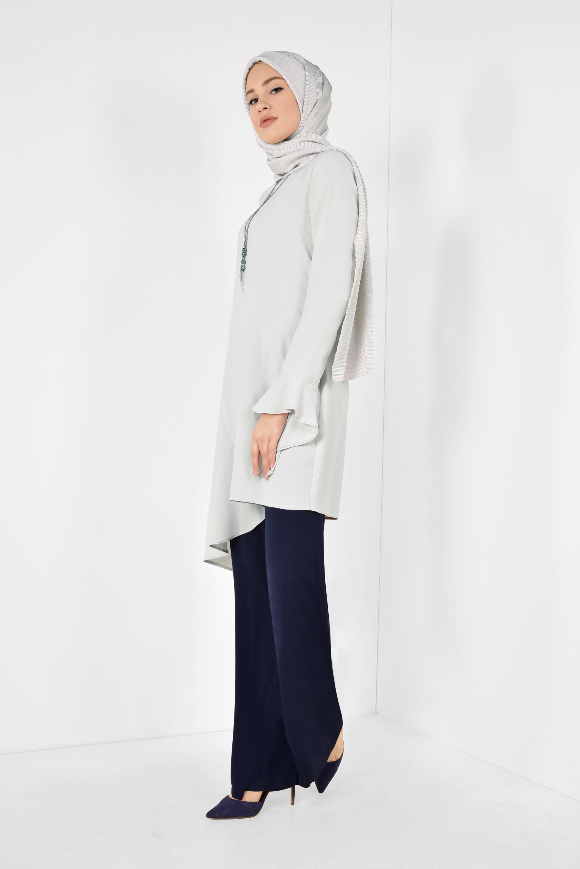 Tesettür giyim BEJ ASİMETRİK KESİM PİLİSE DETAYLI TUNİK 4852