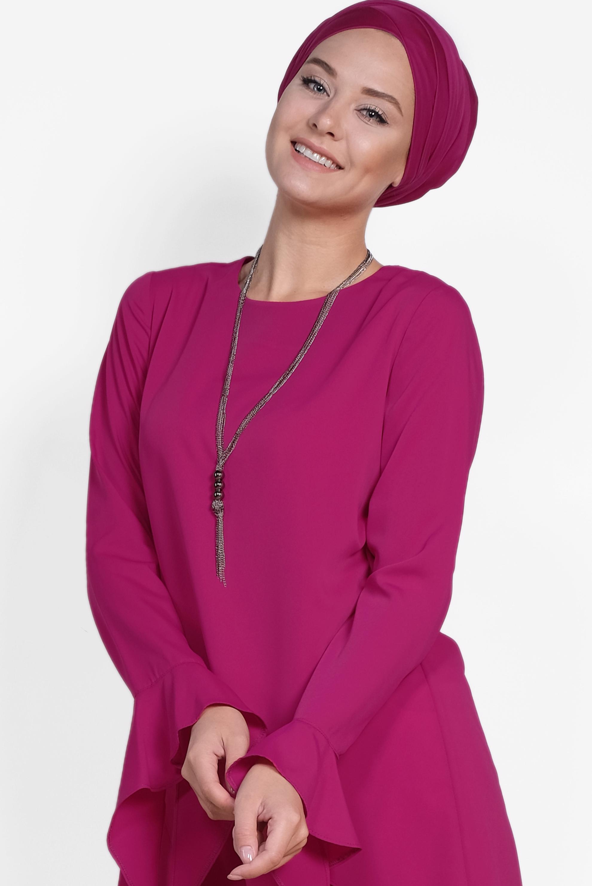 Tesettür giyim FUŞYA ASİMETRİK KESİM PİLİSE DETAYLI TUNİK 4852