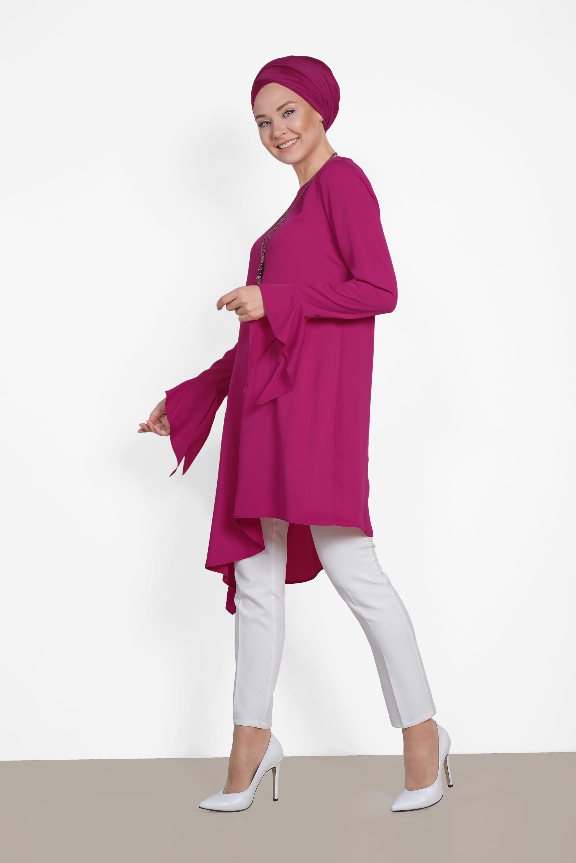 Tesettür giyim FUŞYA ASİMETRİK KESİM PİLİSE DETAYLI TUNİK 4852