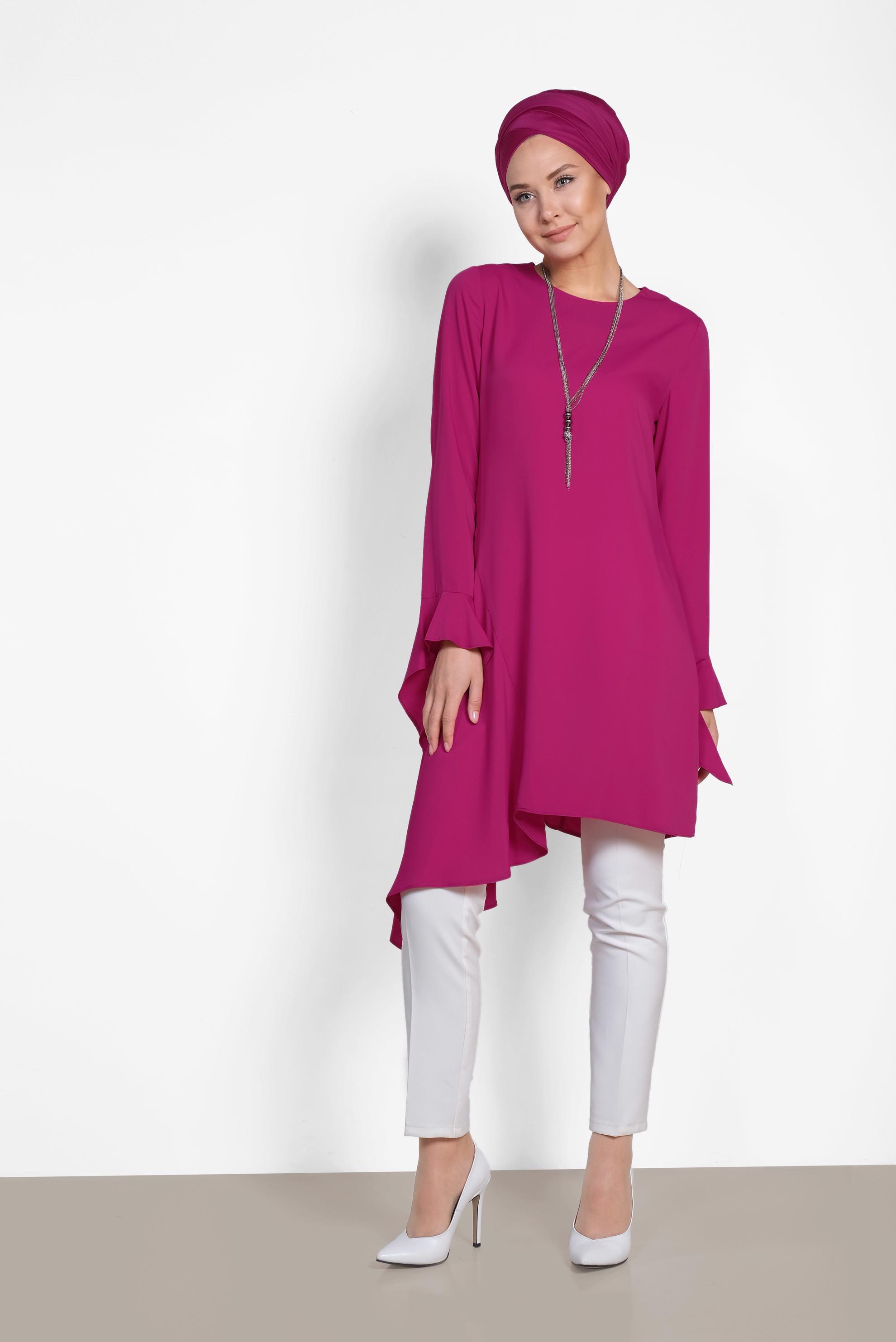 Tesettür giyim FUŞYA ASİMETRİK KESİM PİLİSE DETAYLI TUNİK 4852