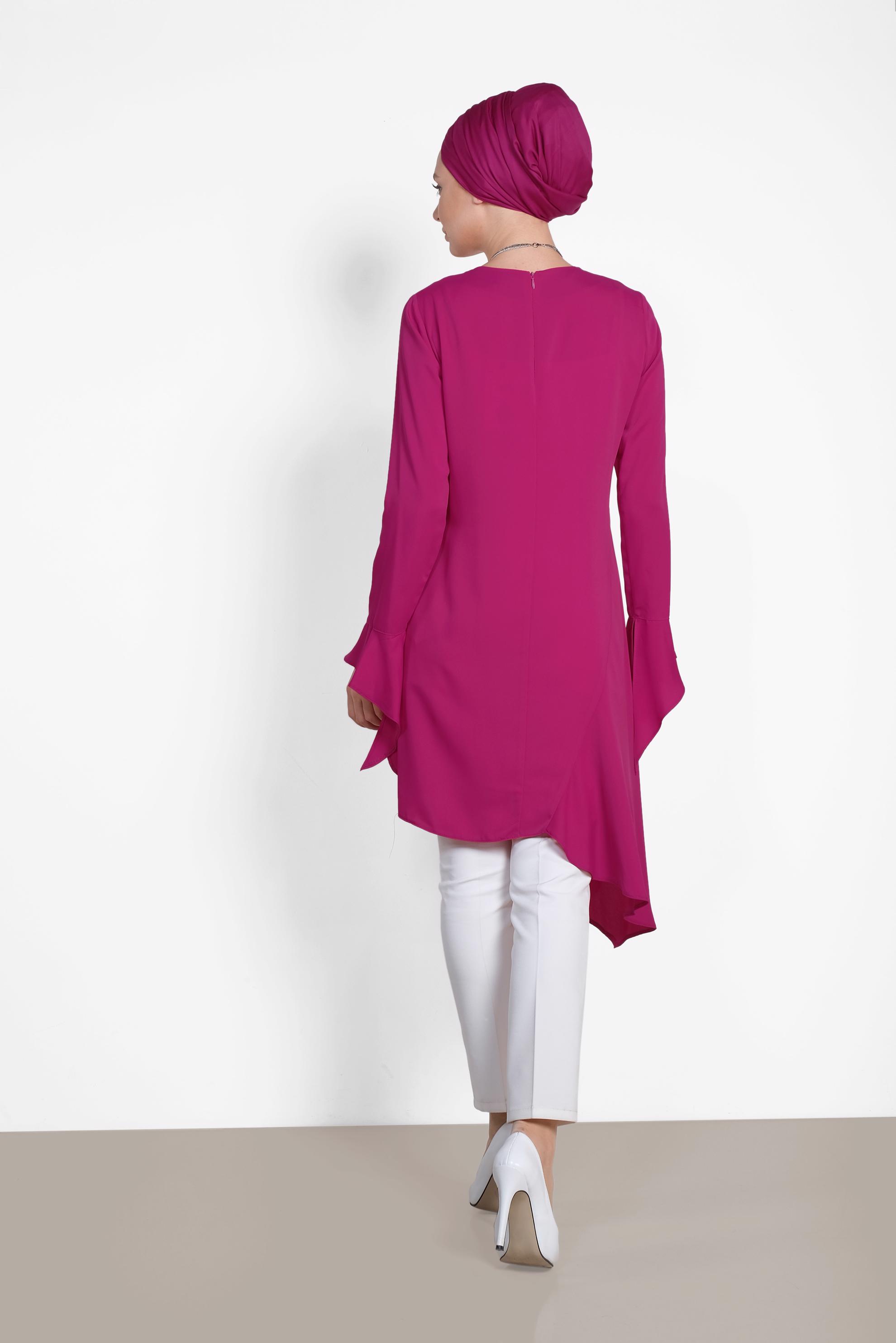 Tesettür giyim FUŞYA ASİMETRİK KESİM PİLİSE DETAYLI TUNİK 4852