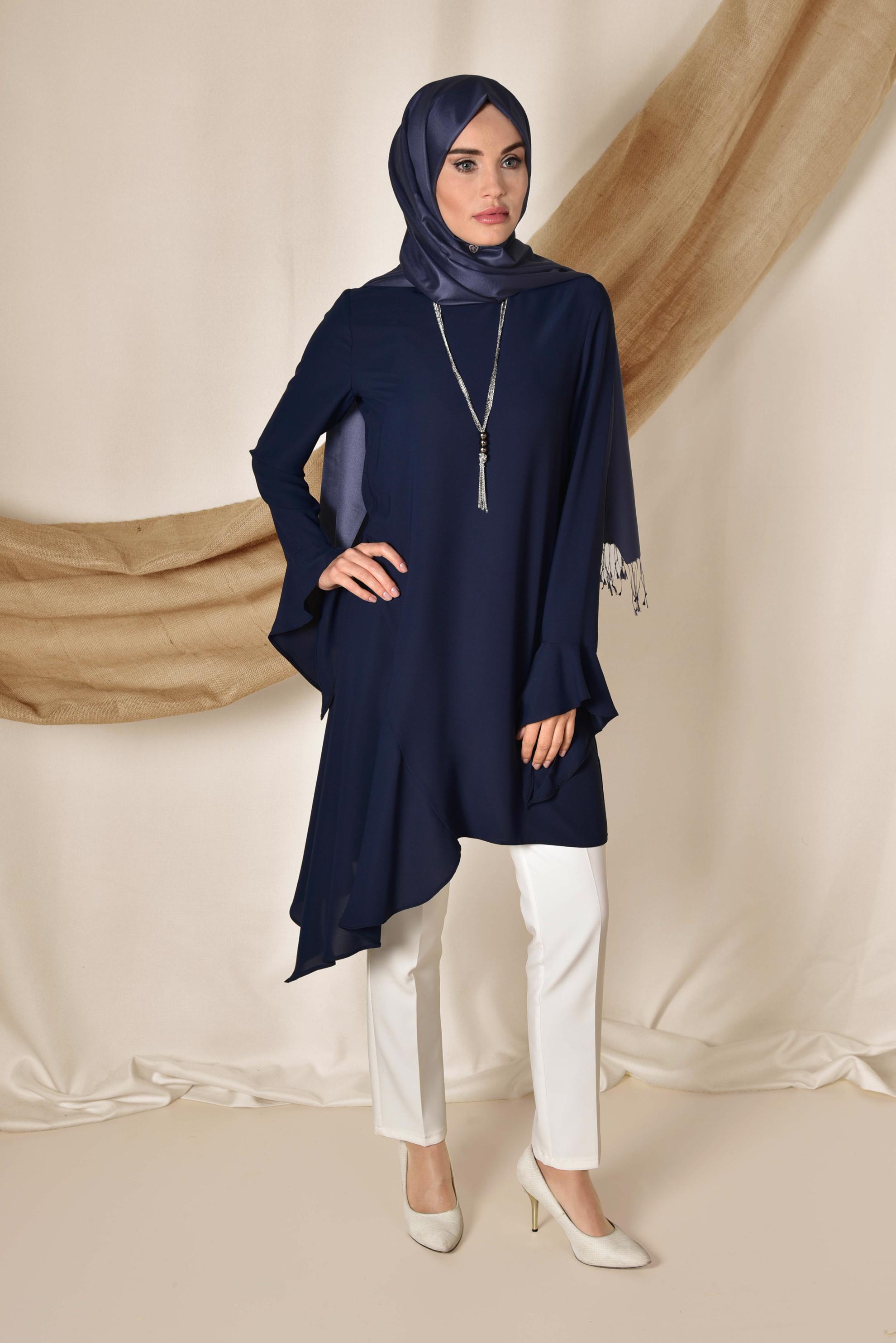 Tesettür giyim LACİVERT ASİMETRİK KESİM PİLİSE DETAYLI TUNİK 4852