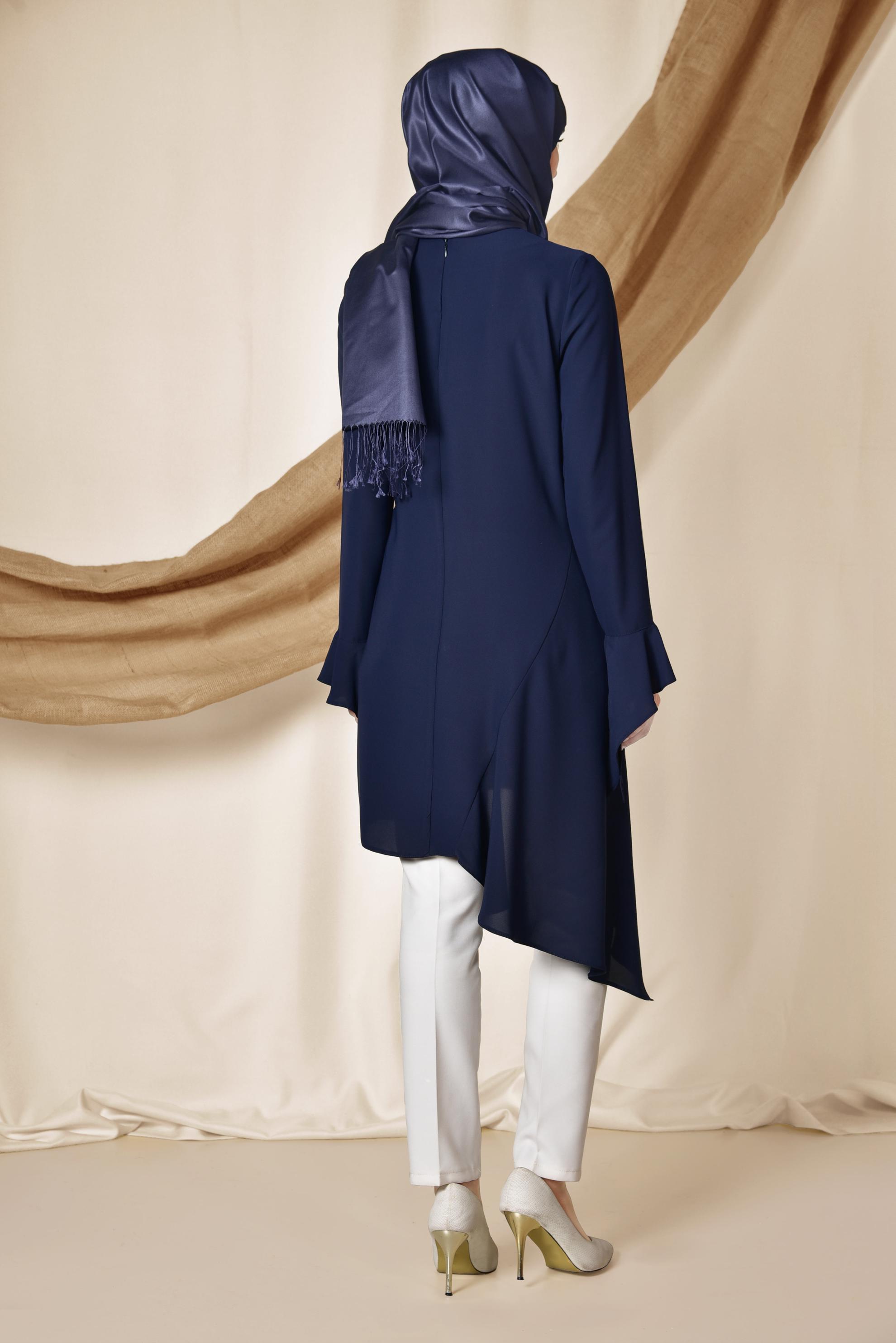 Tesettür giyim LACİVERT ASİMETRİK KESİM PİLİSE DETAYLI TUNİK 4852