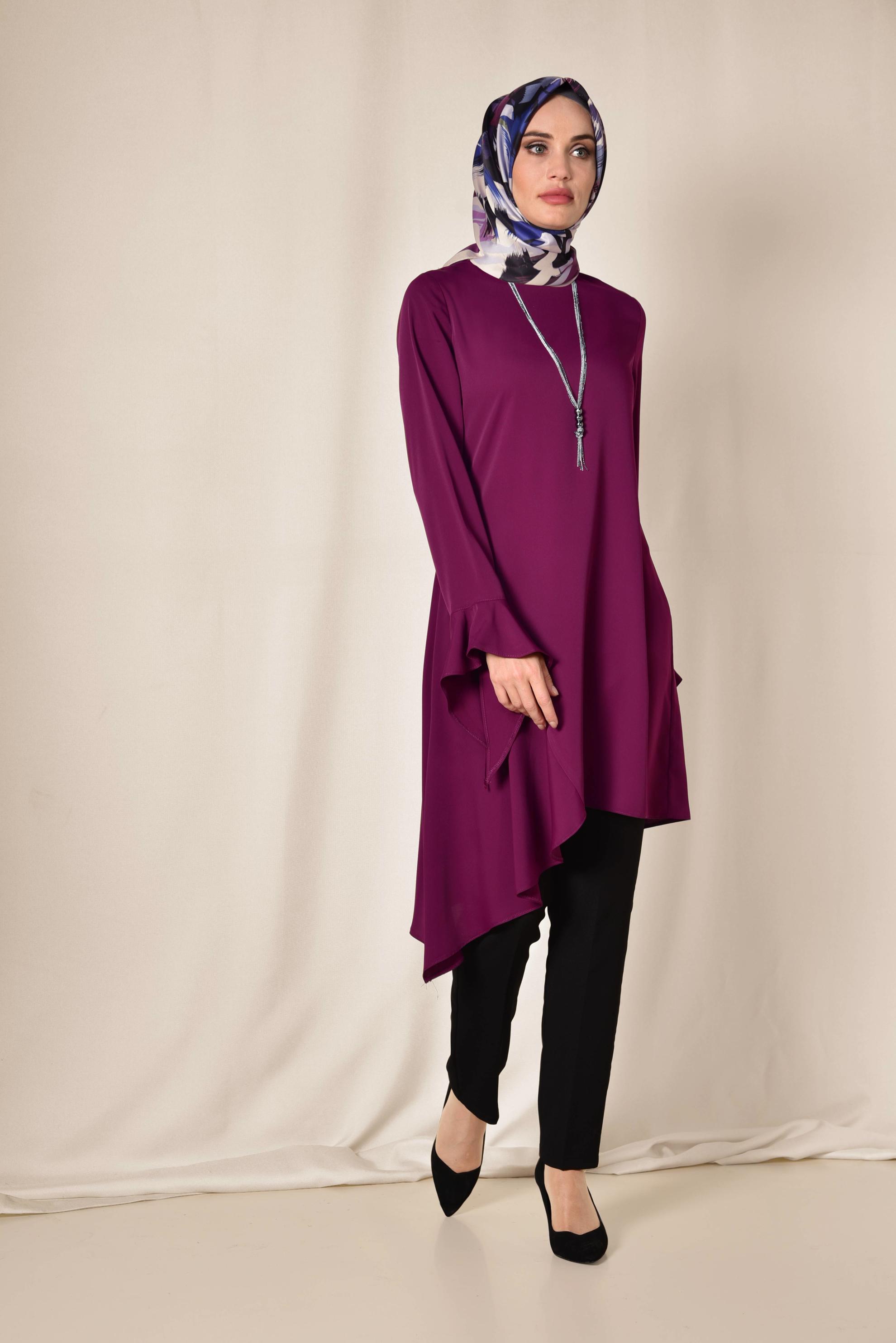 Tesettür giyim BORDO ASİMETRİK KESİM PİLİSE DETAYLI TUNİK 4852