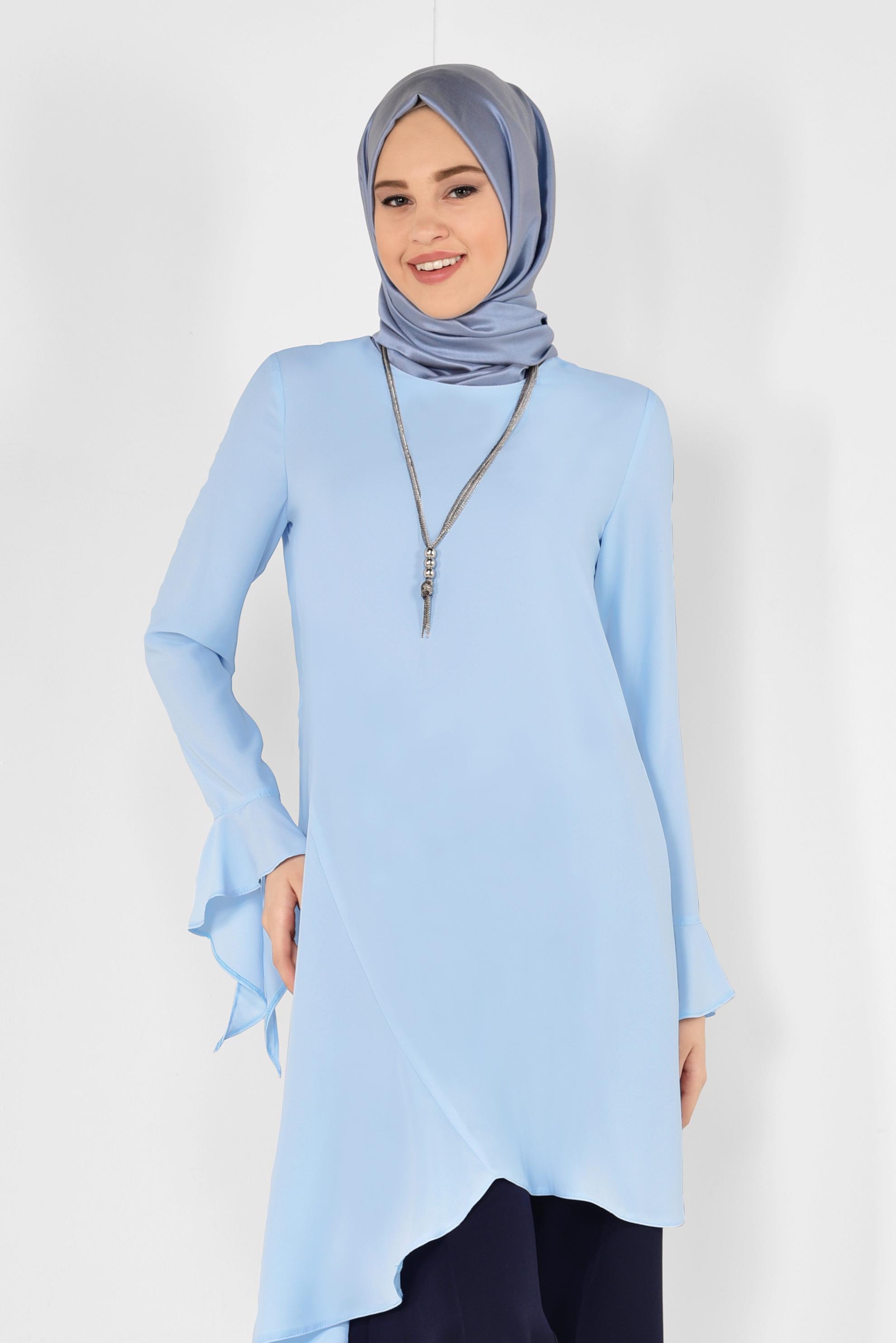 Tesettür giyim MAVİ ASİMETRİK KESİM PİLİSE DETAYLI TUNİK 4852