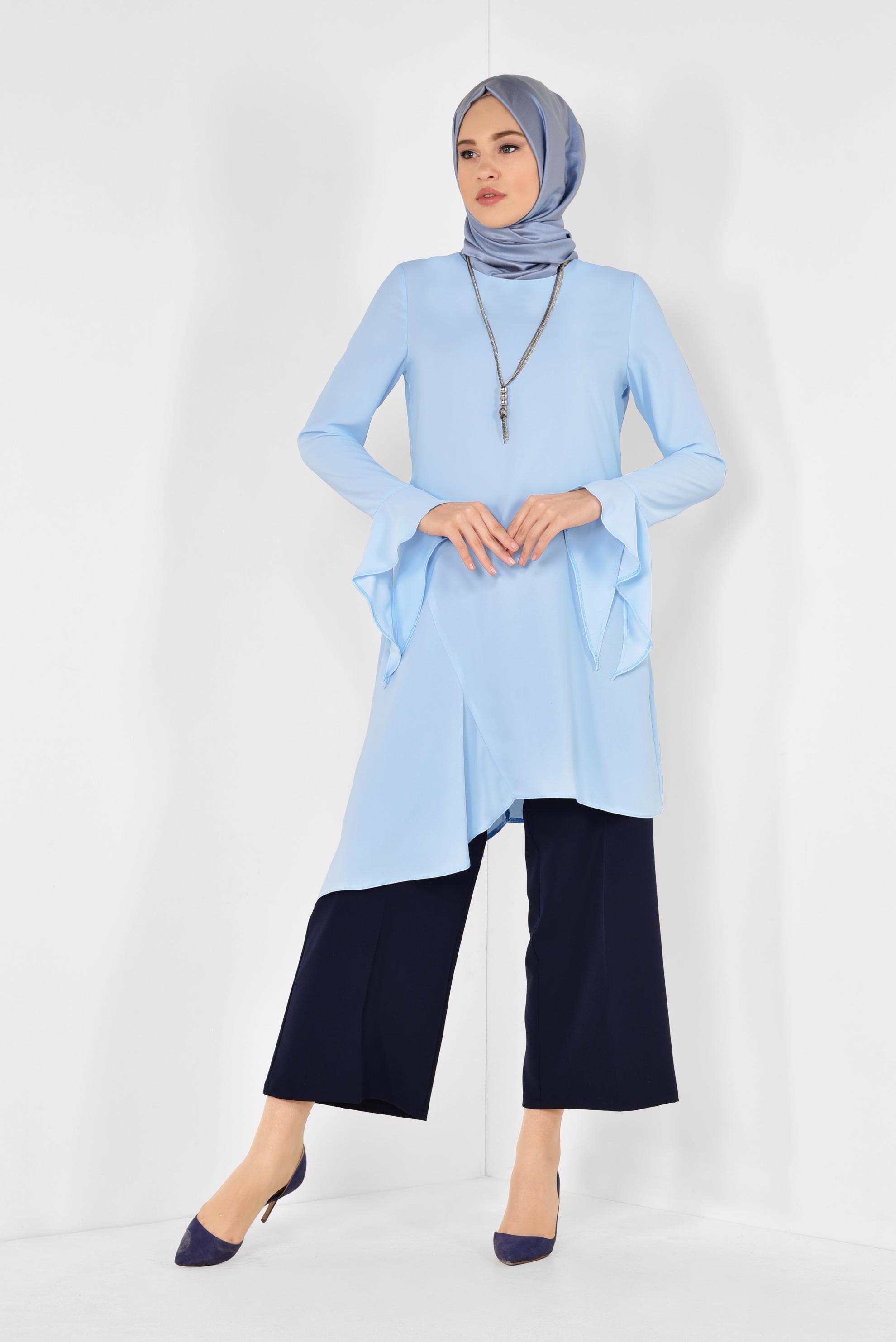 Tesettür giyim MAVİ ASİMETRİK KESİM PİLİSE DETAYLI TUNİK 4852