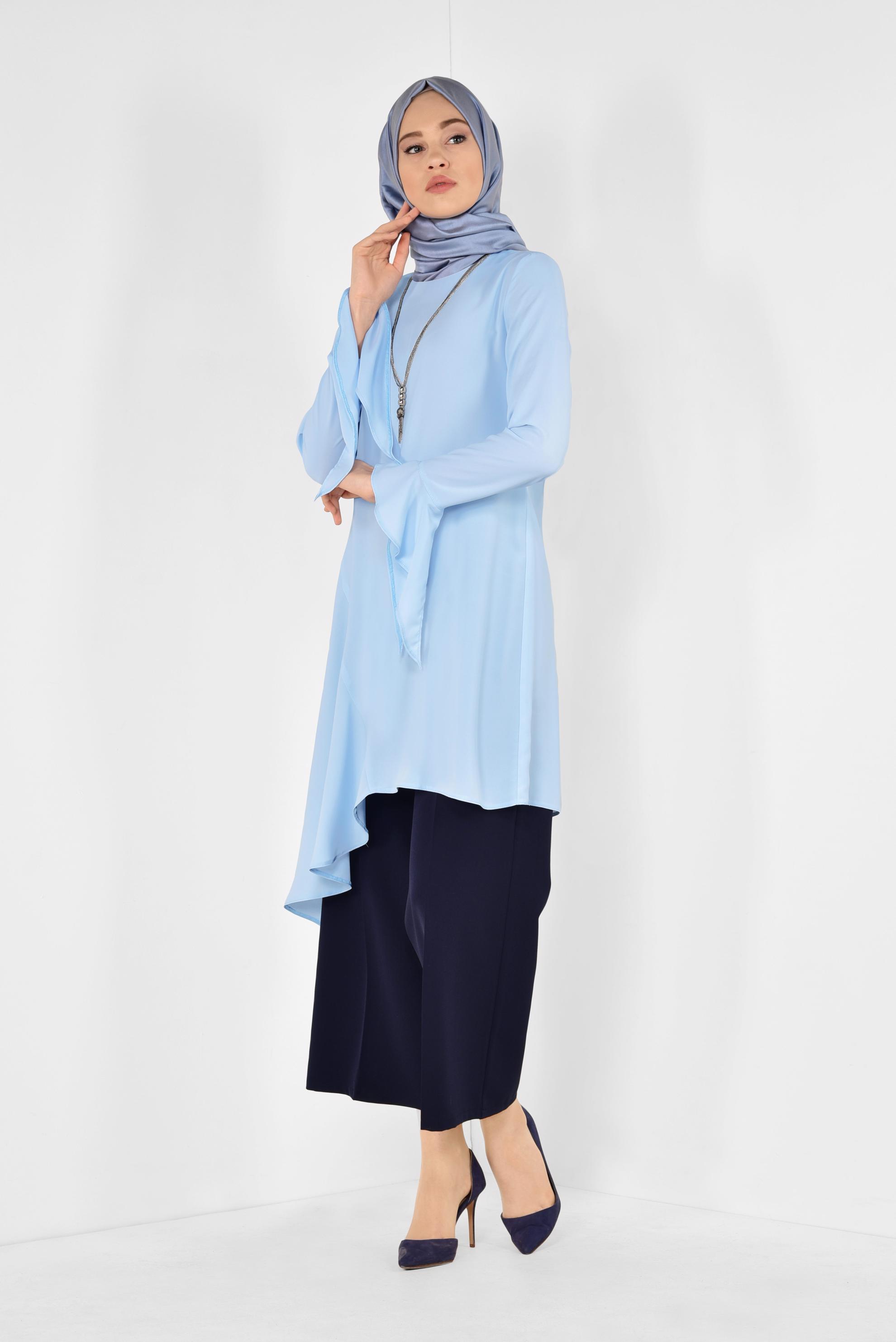 Tesettür giyim MAVİ ASİMETRİK KESİM PİLİSE DETAYLI TUNİK 4852