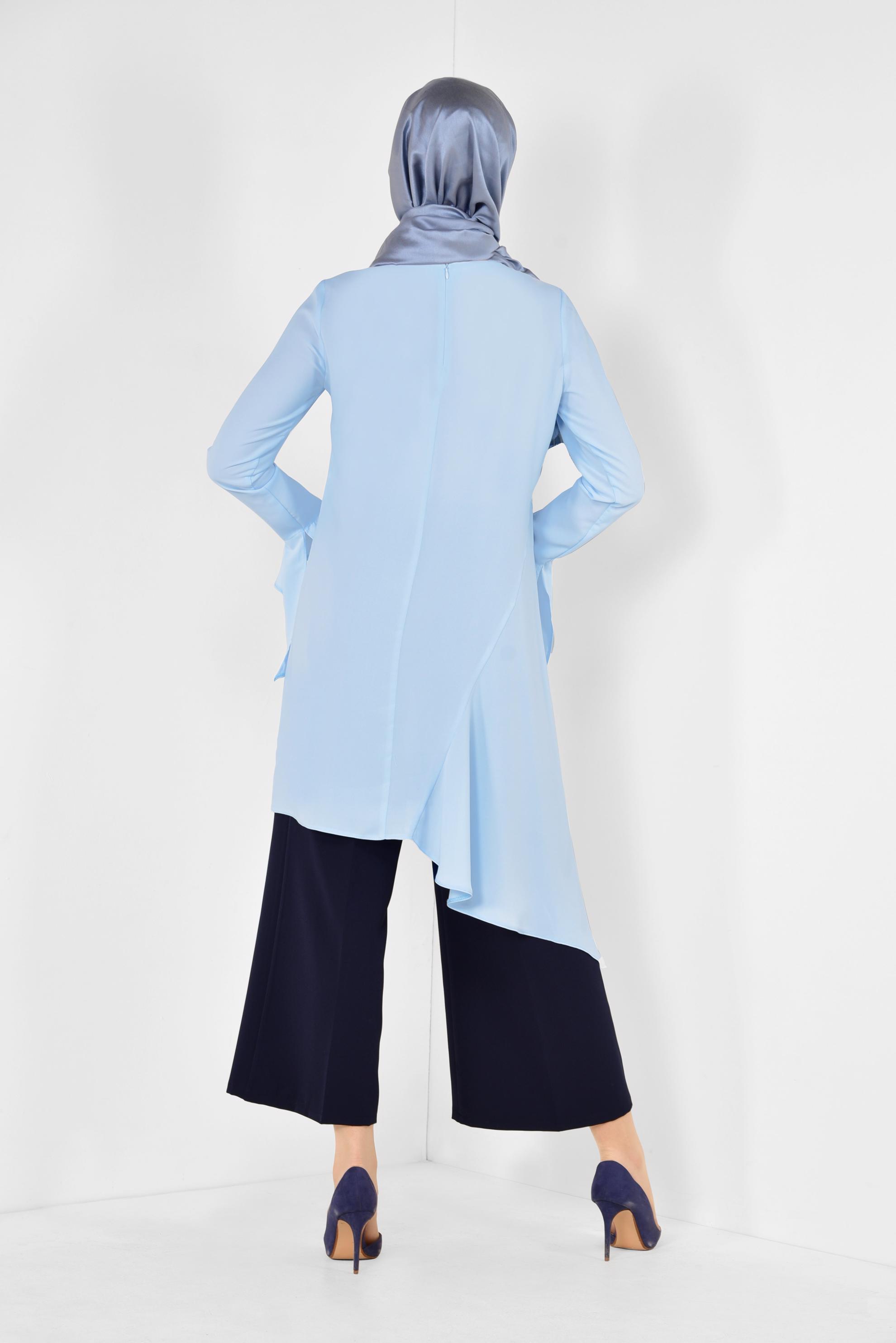 Tesettür giyim MAVİ ASİMETRİK KESİM PİLİSE DETAYLI TUNİK 4852