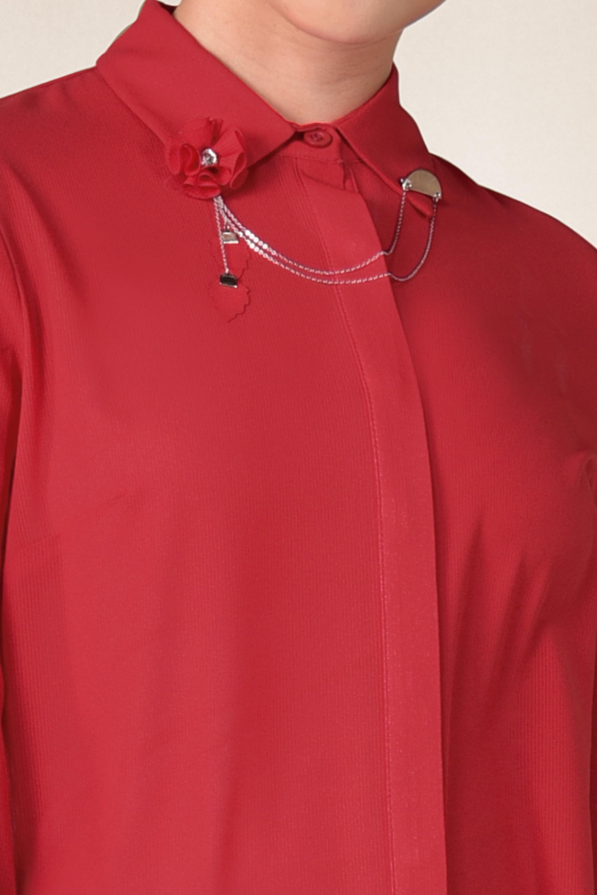 Tesettür giyim KIRMIZI YAKASI BROŞLU ETEK UCU VOLANLI TUNİK 4853