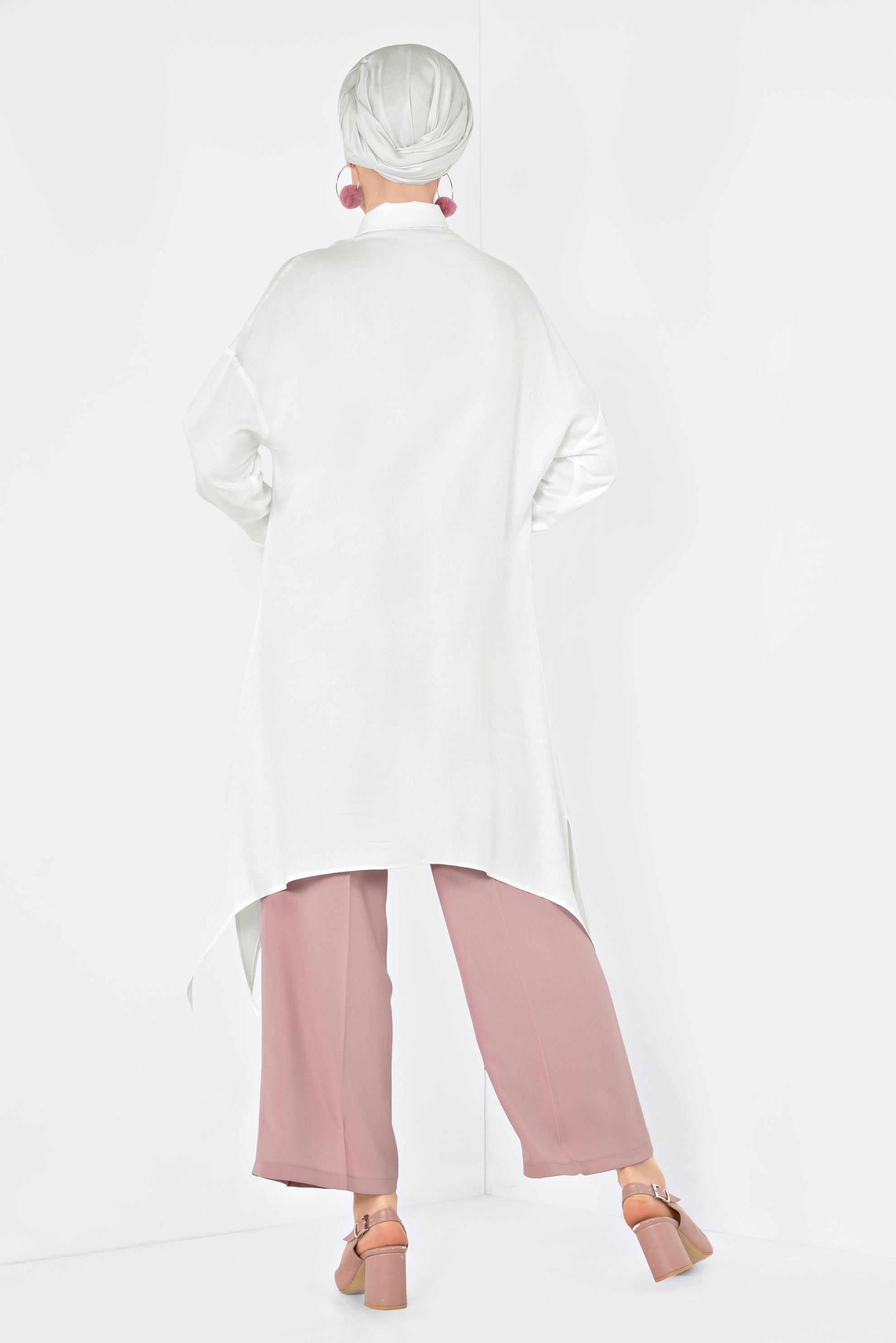 Tesettür giyim BEYAZ ÇITÇITLI ASİMETRİK TUNİK 4855