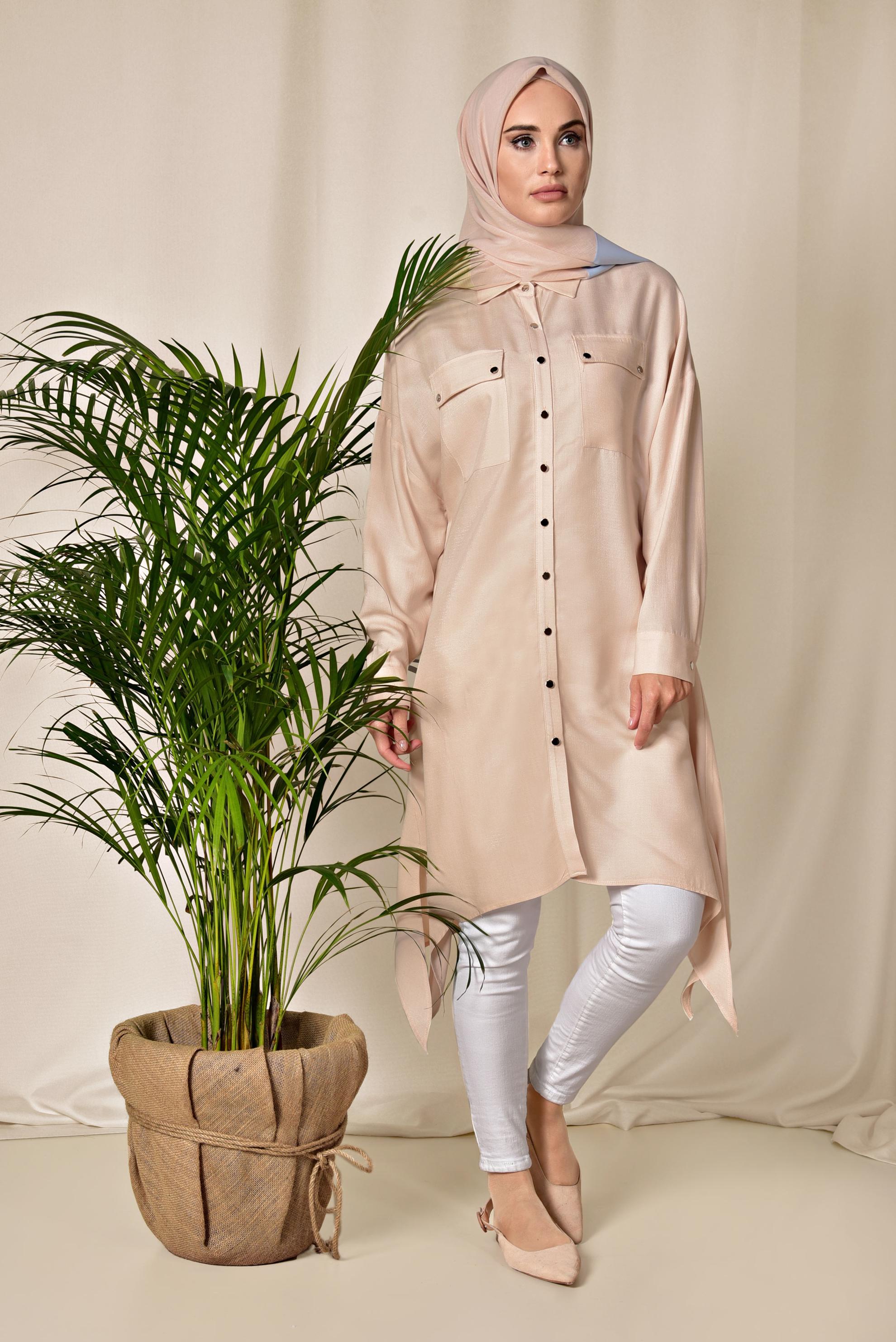 Tesettür giyim PUDRA ÇITÇITLI ASİMETRİK TUNİK 4855