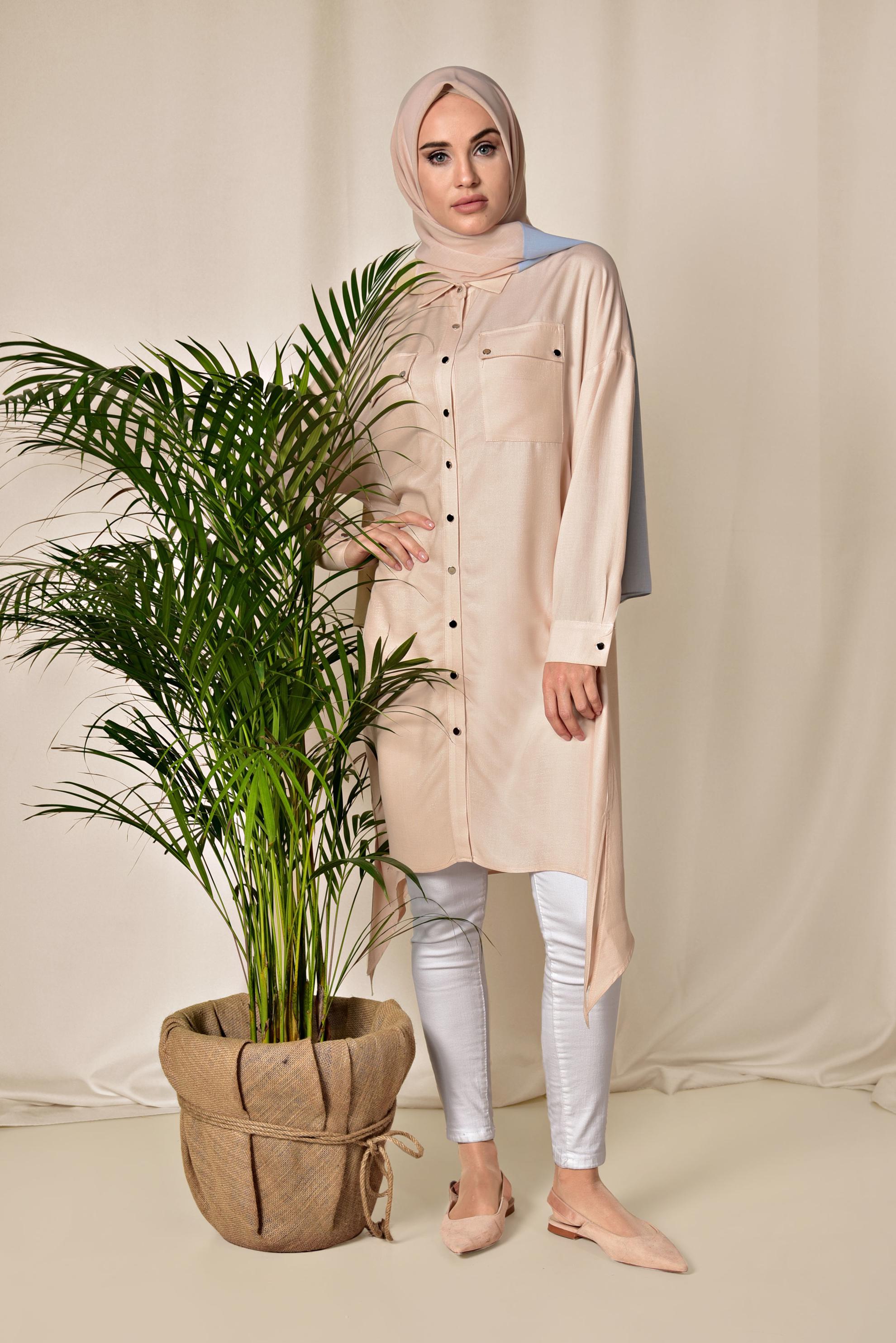 Tesettür giyim PUDRA ÇITÇITLI ASİMETRİK TUNİK 4855