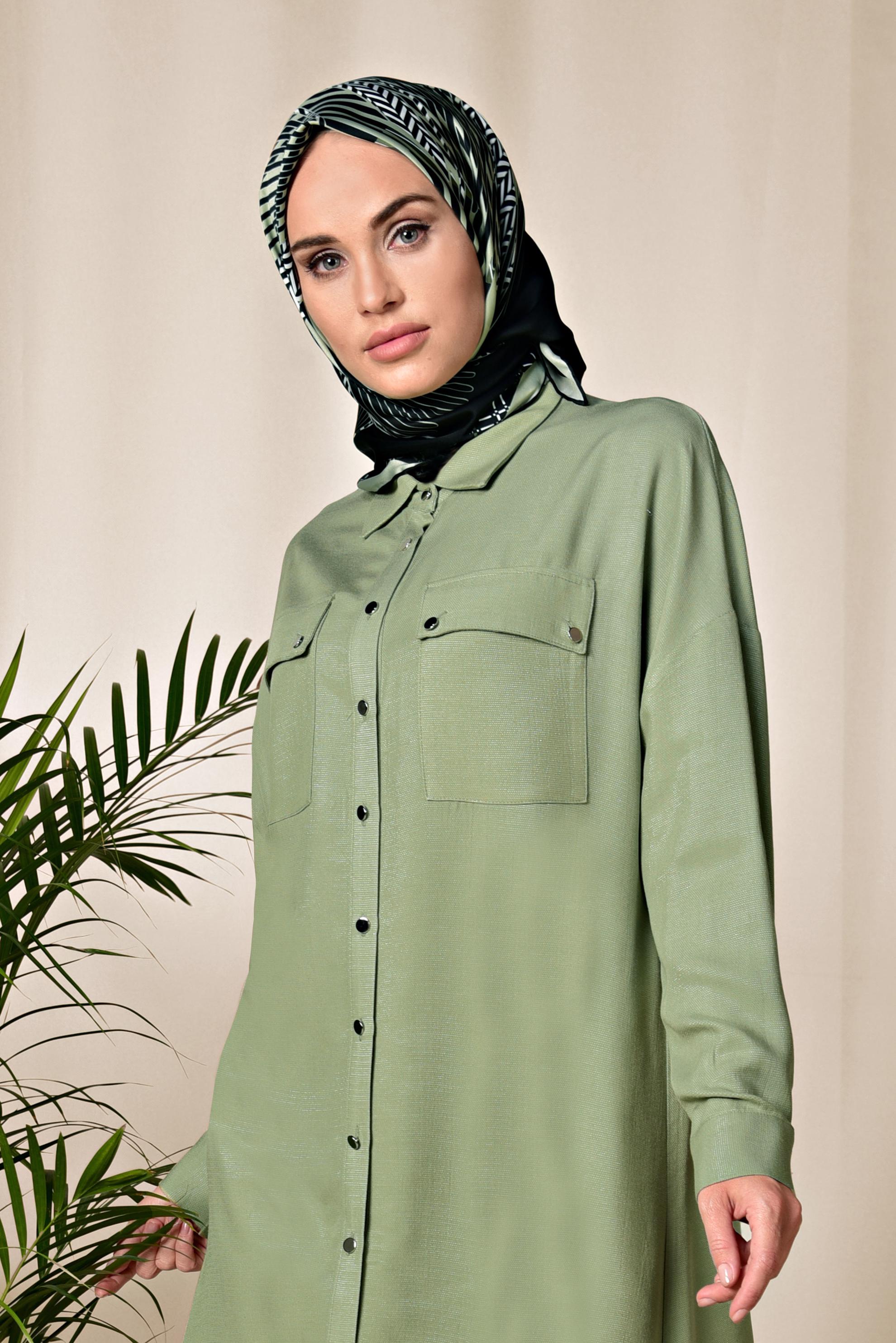 Tesettür giyim YEŞİL ÇITÇITLI ASİMETRİK TUNİK 4855