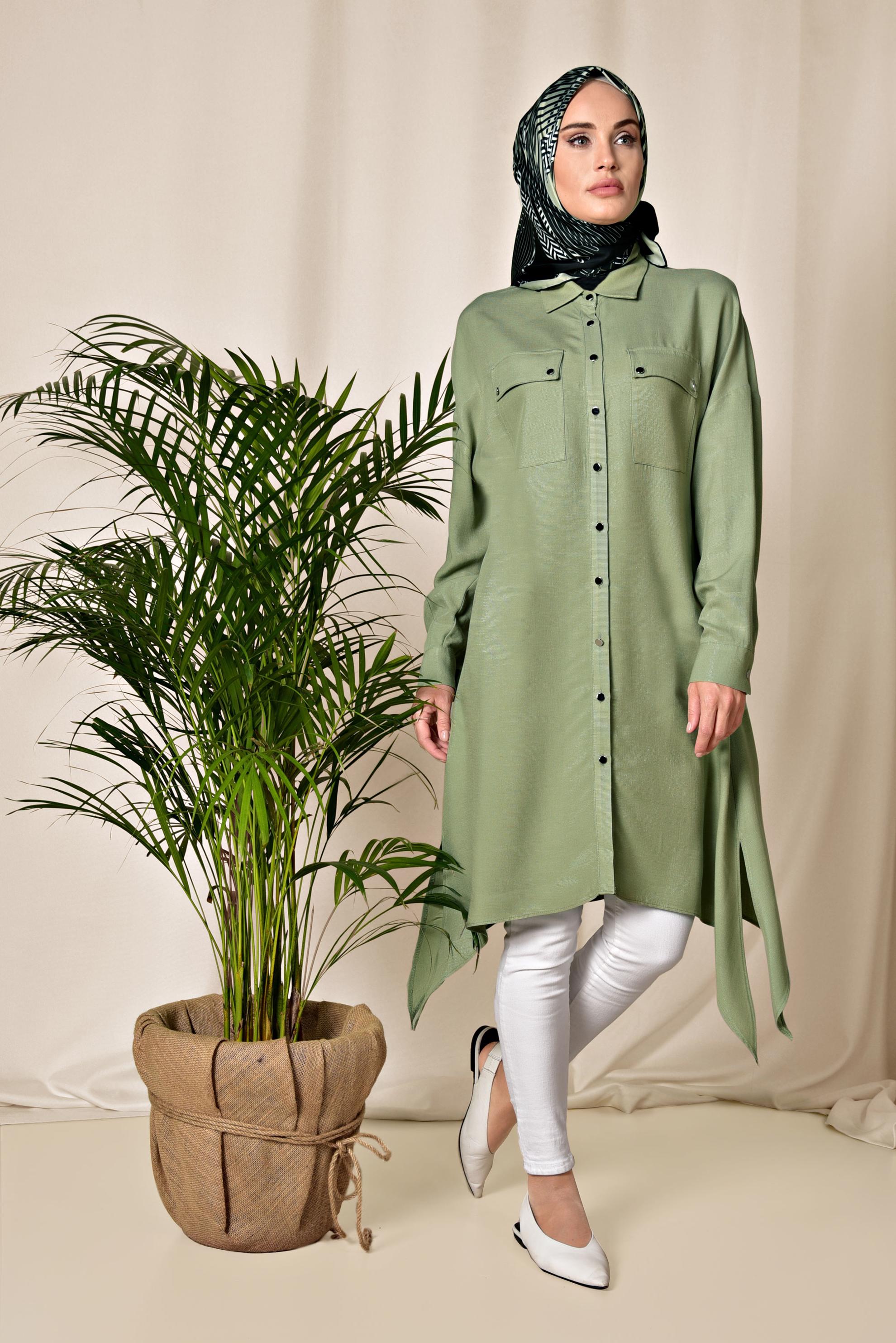 Tesettür giyim YEŞİL ÇITÇITLI ASİMETRİK TUNİK 4855