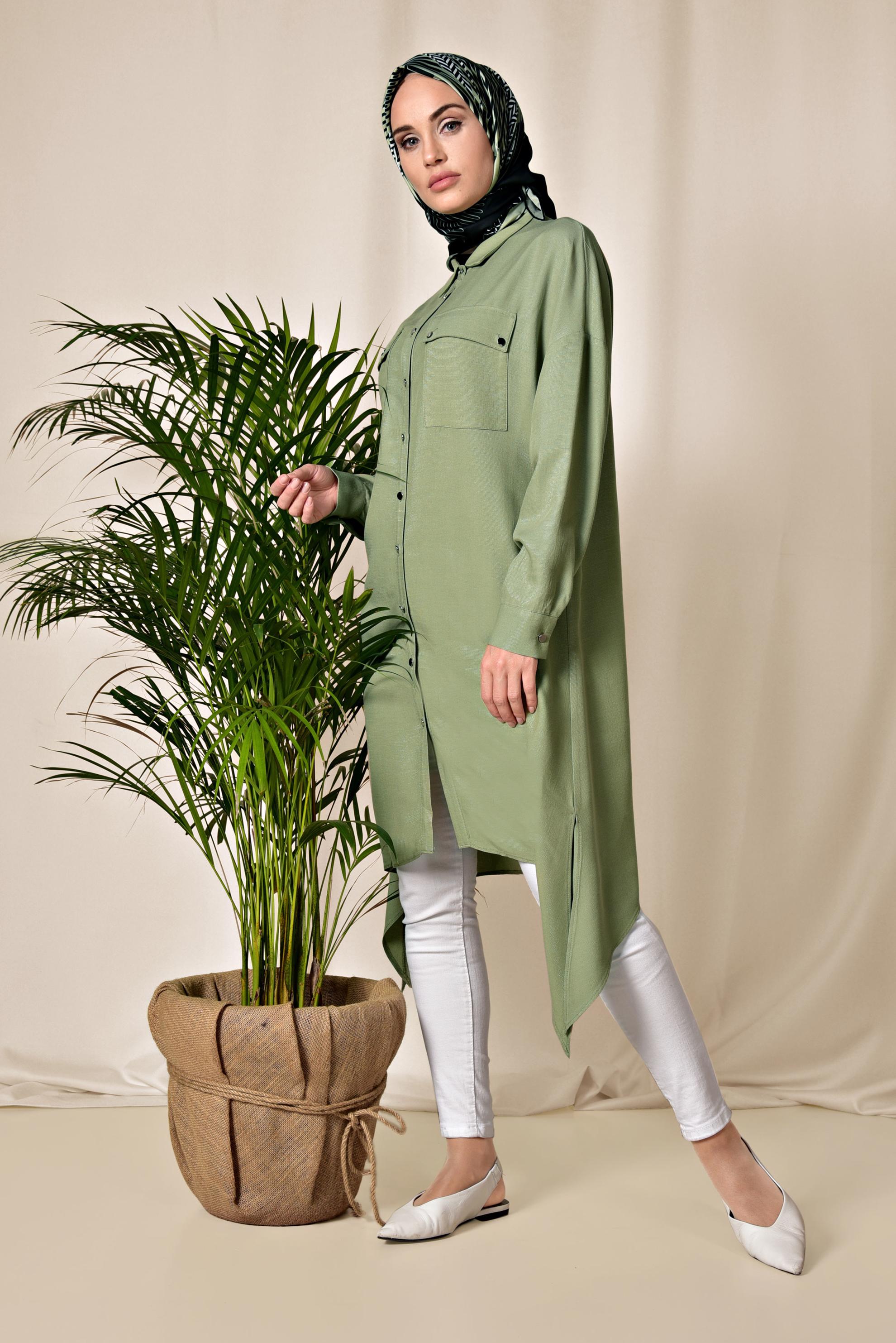 Tesettür giyim YEŞİL ÇITÇITLI ASİMETRİK TUNİK 4855