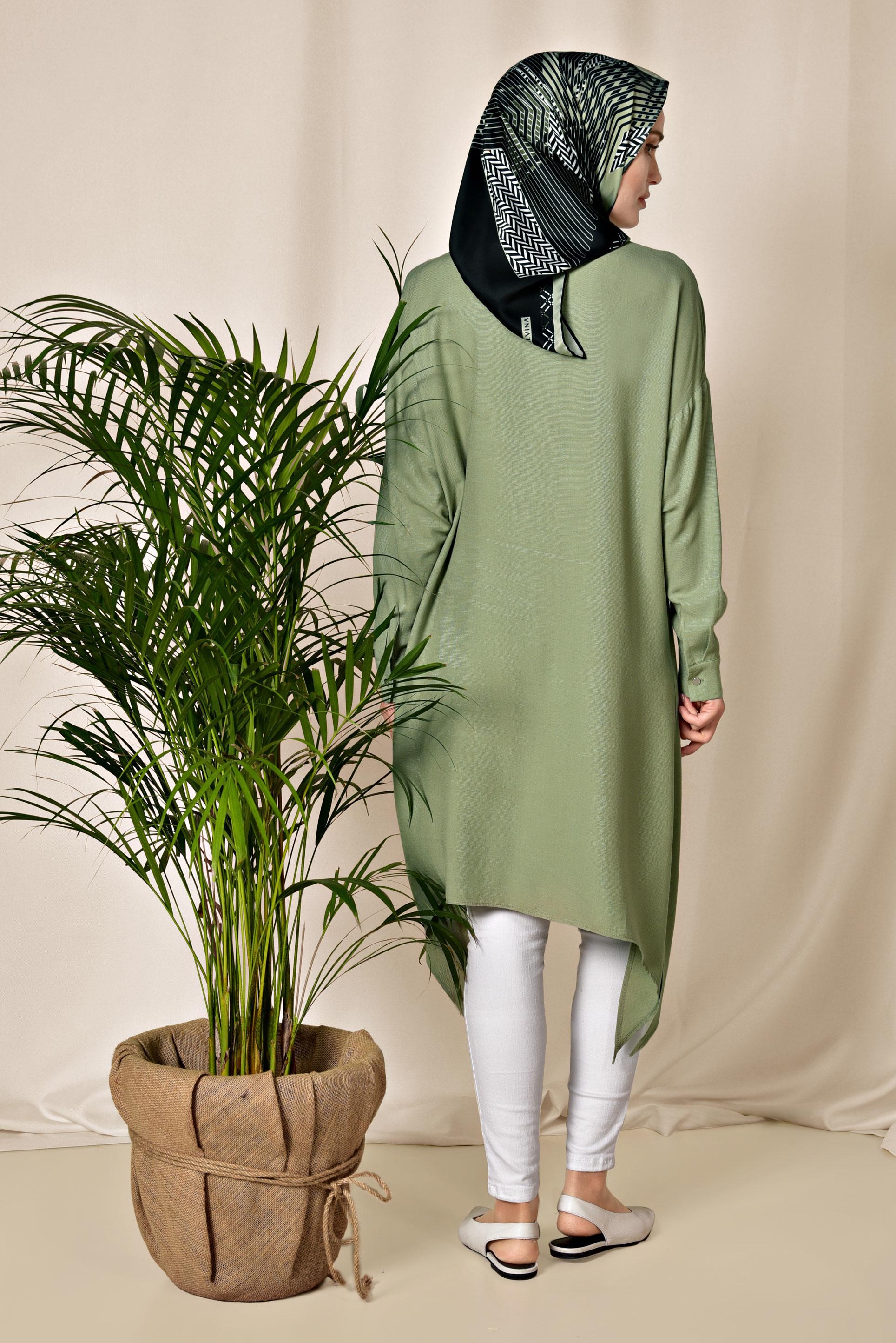 Tesettür giyim YEŞİL ÇITÇITLI ASİMETRİK TUNİK 4855
