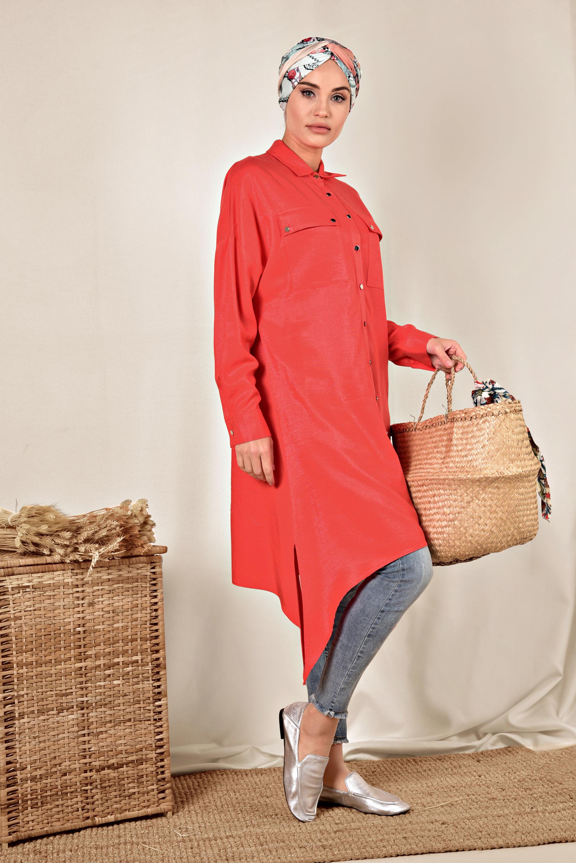 Tesettür giyim KIRMIZI ÇITÇITLI ASİMETRİK TUNİK 4855