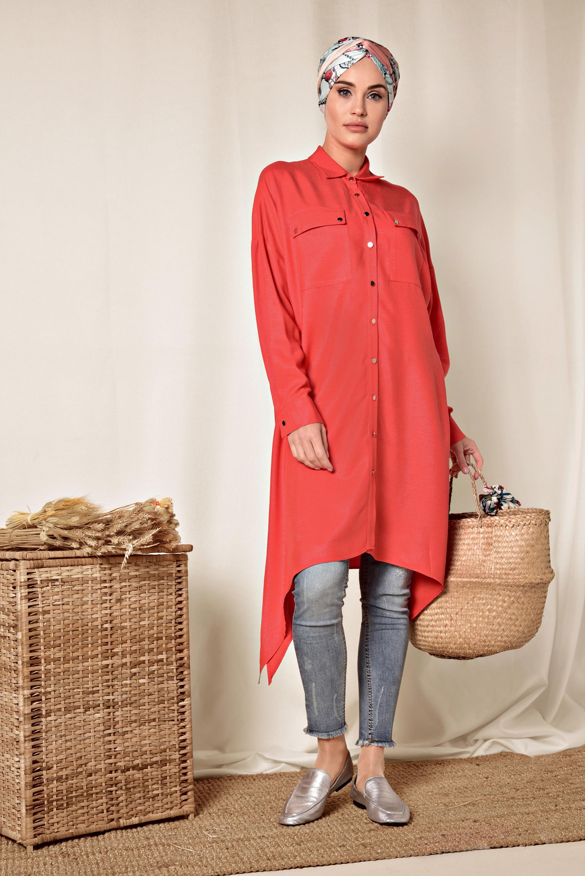 Tesettür giyim KIRMIZI ÇITÇITLI ASİMETRİK TUNİK 4855