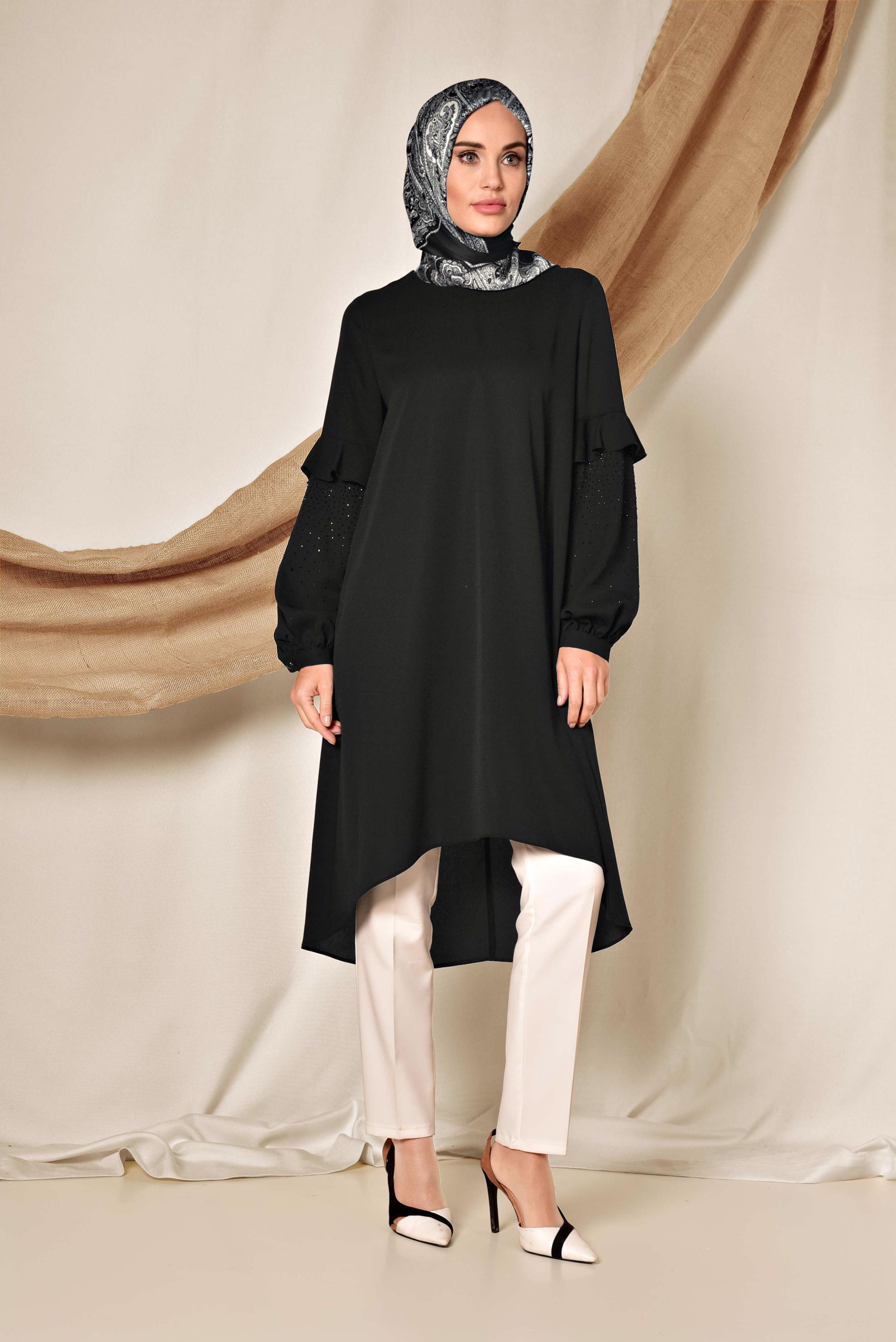 Tesettür giyim SİYAH KOLLARI TAŞ DETAYLI TUNİK 4858
