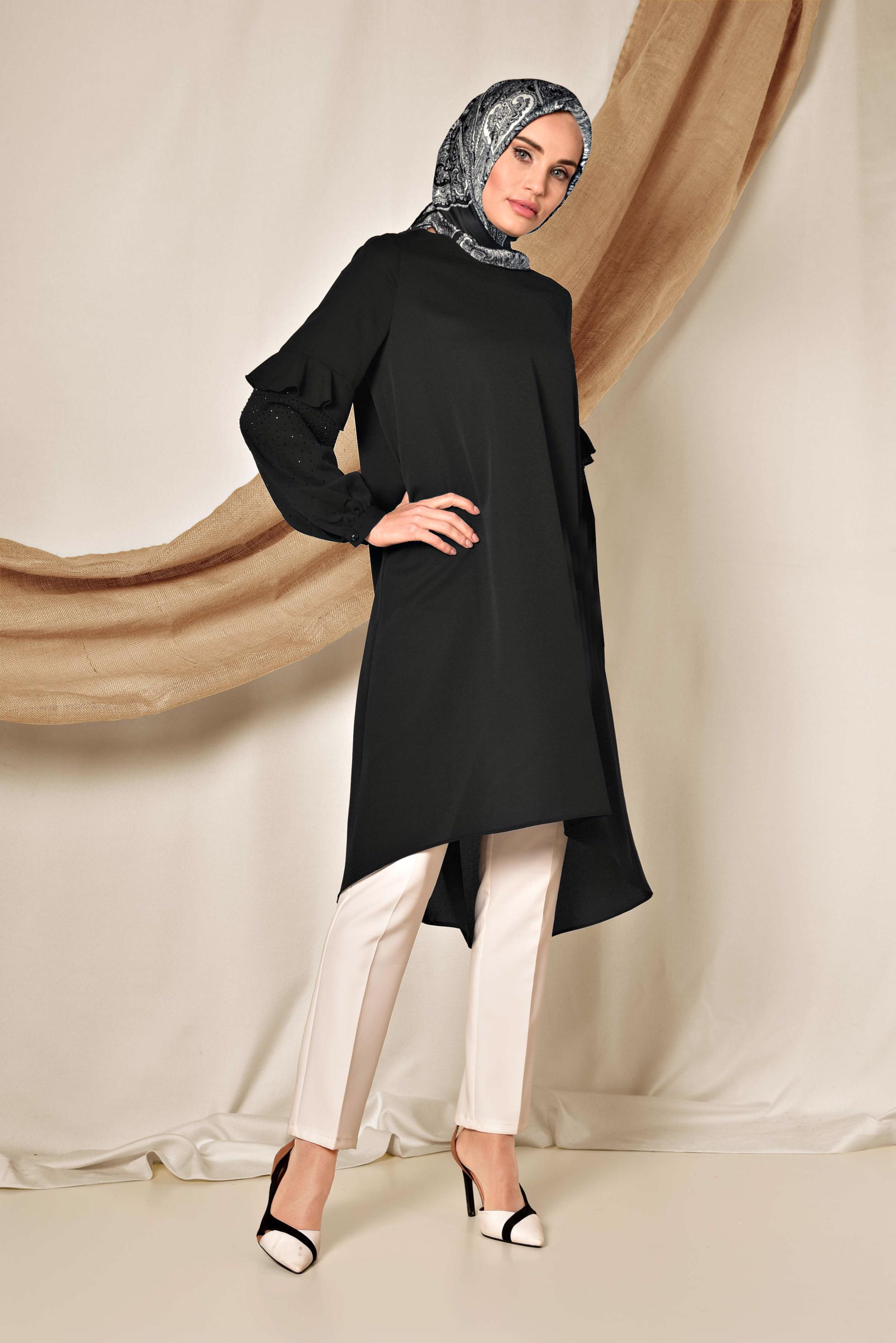 Tesettür giyim SİYAH KOLLARI TAŞ DETAYLI TUNİK 4858