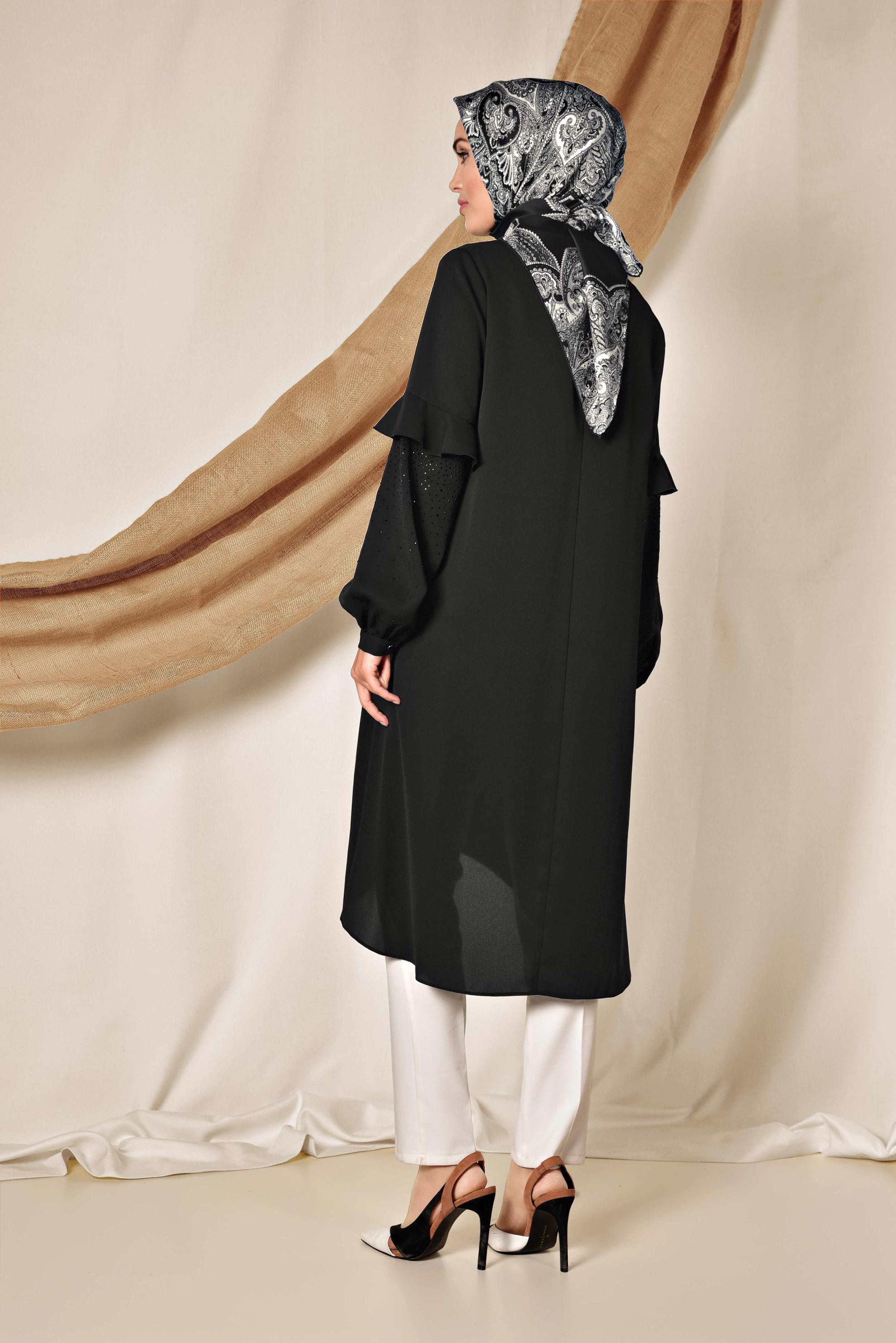 Tesettür giyim SİYAH KOLLARI TAŞ DETAYLI TUNİK 4858