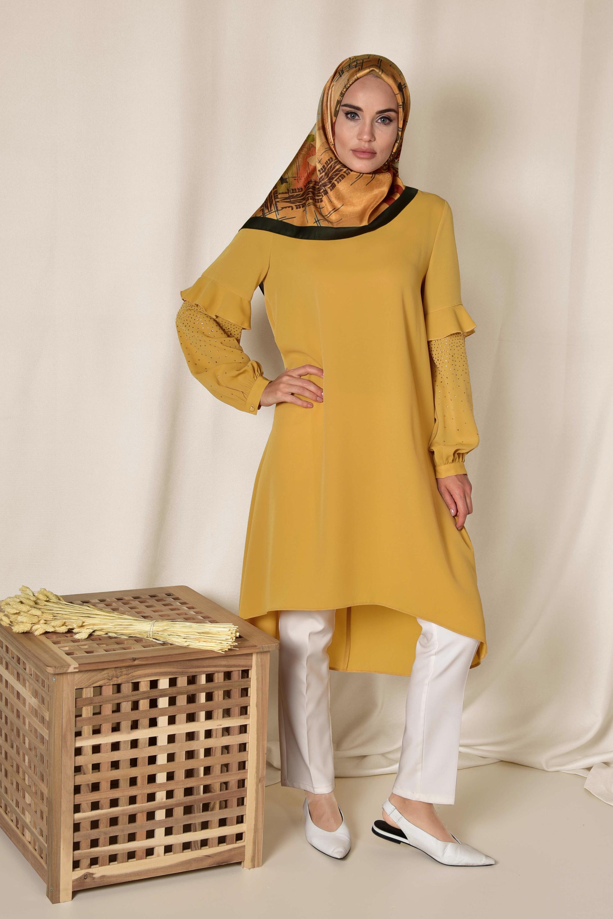 Tesettür giyim SARI KOLLARI TAŞ DETAYLI TUNİK 4858