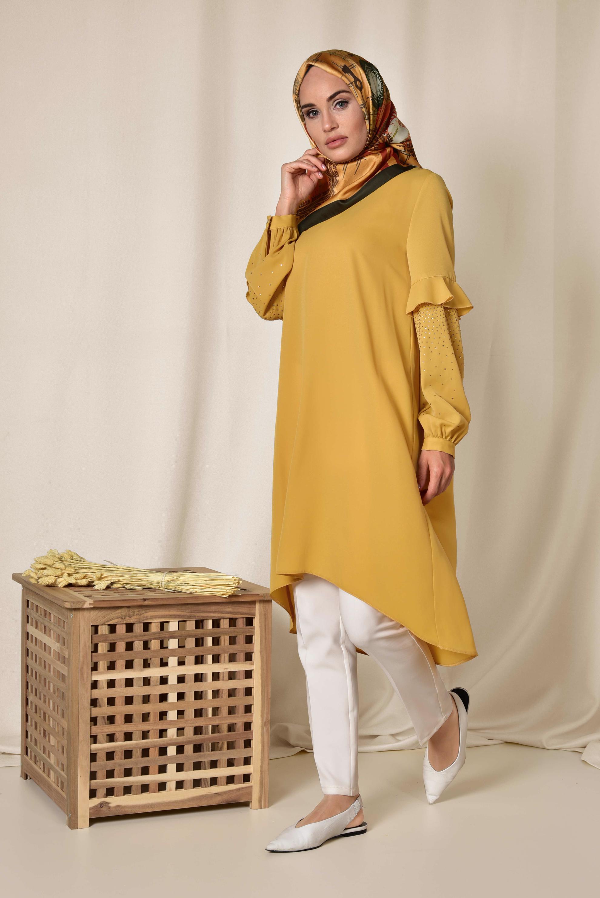 Tesettür giyim SARI KOLLARI TAŞ DETAYLI TUNİK 4858