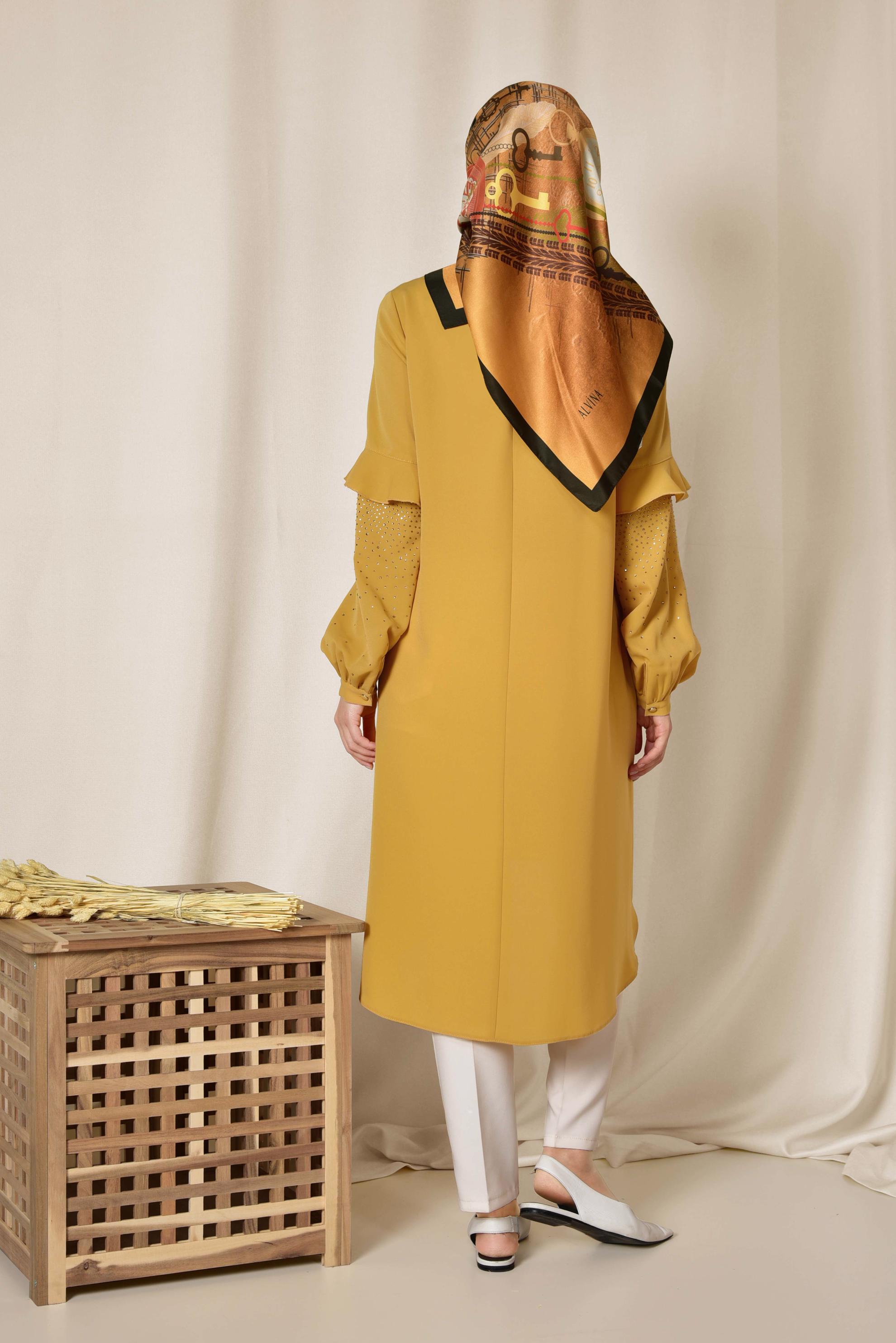 Tesettür giyim SARI KOLLARI TAŞ DETAYLI TUNİK 4858