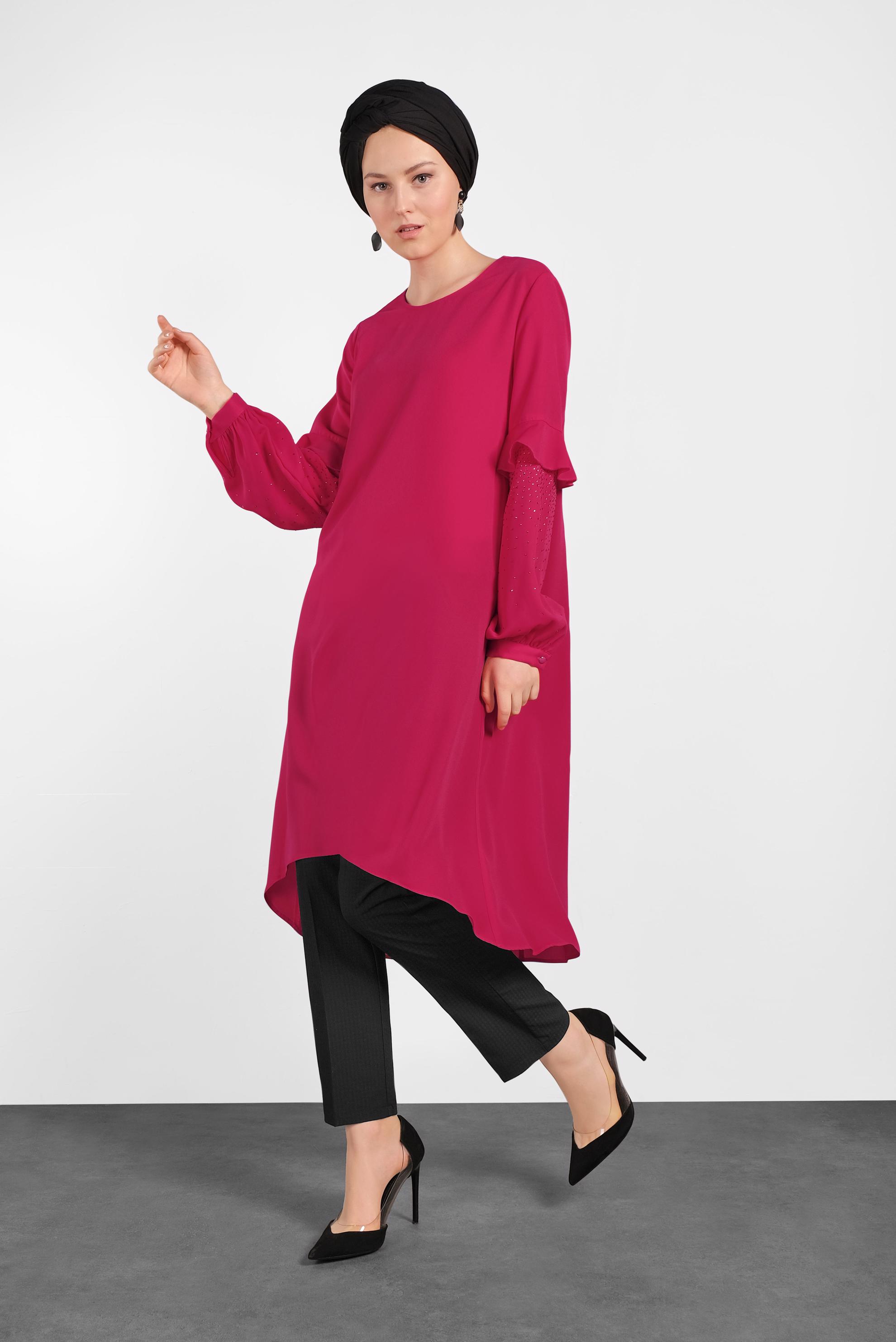 Tesettür giyim FUŞYA KOLLARI TAŞ DETAYLI TUNİK 4858