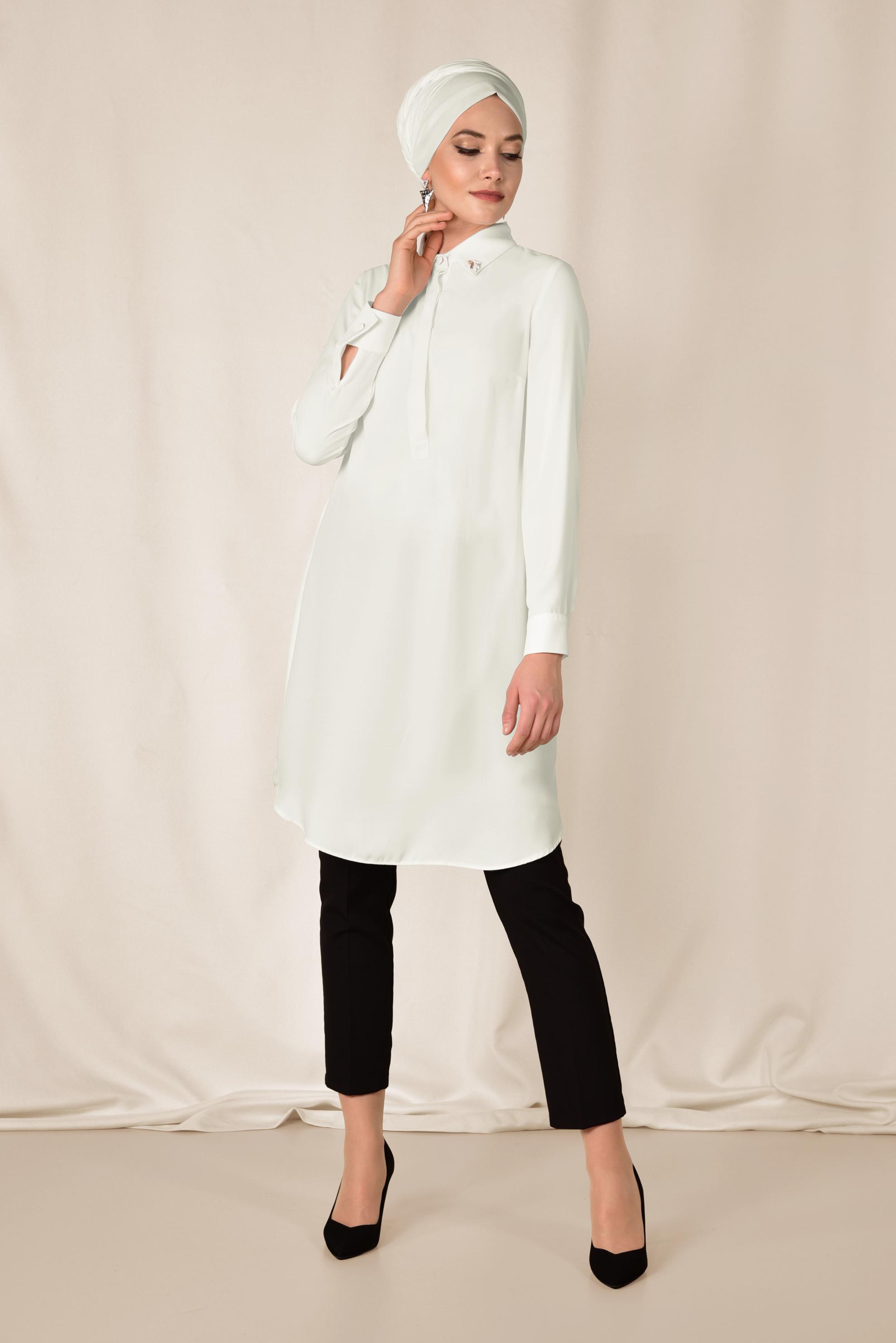 Tesettür giyim BEYAZ KLASİK KESİM ERKEK YAKA TUNİK 4859