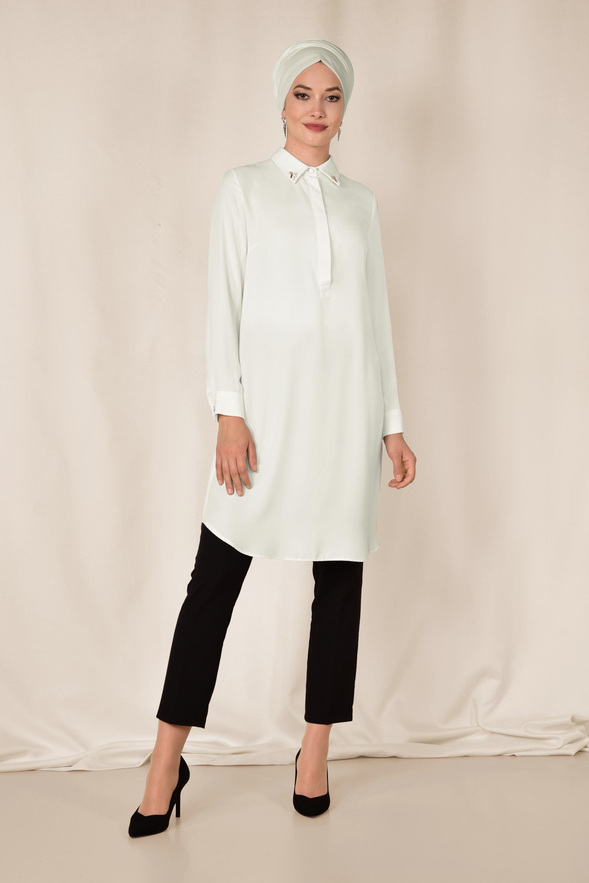 Tesettür giyim BEYAZ KLASİK KESİM ERKEK YAKA TUNİK 4859