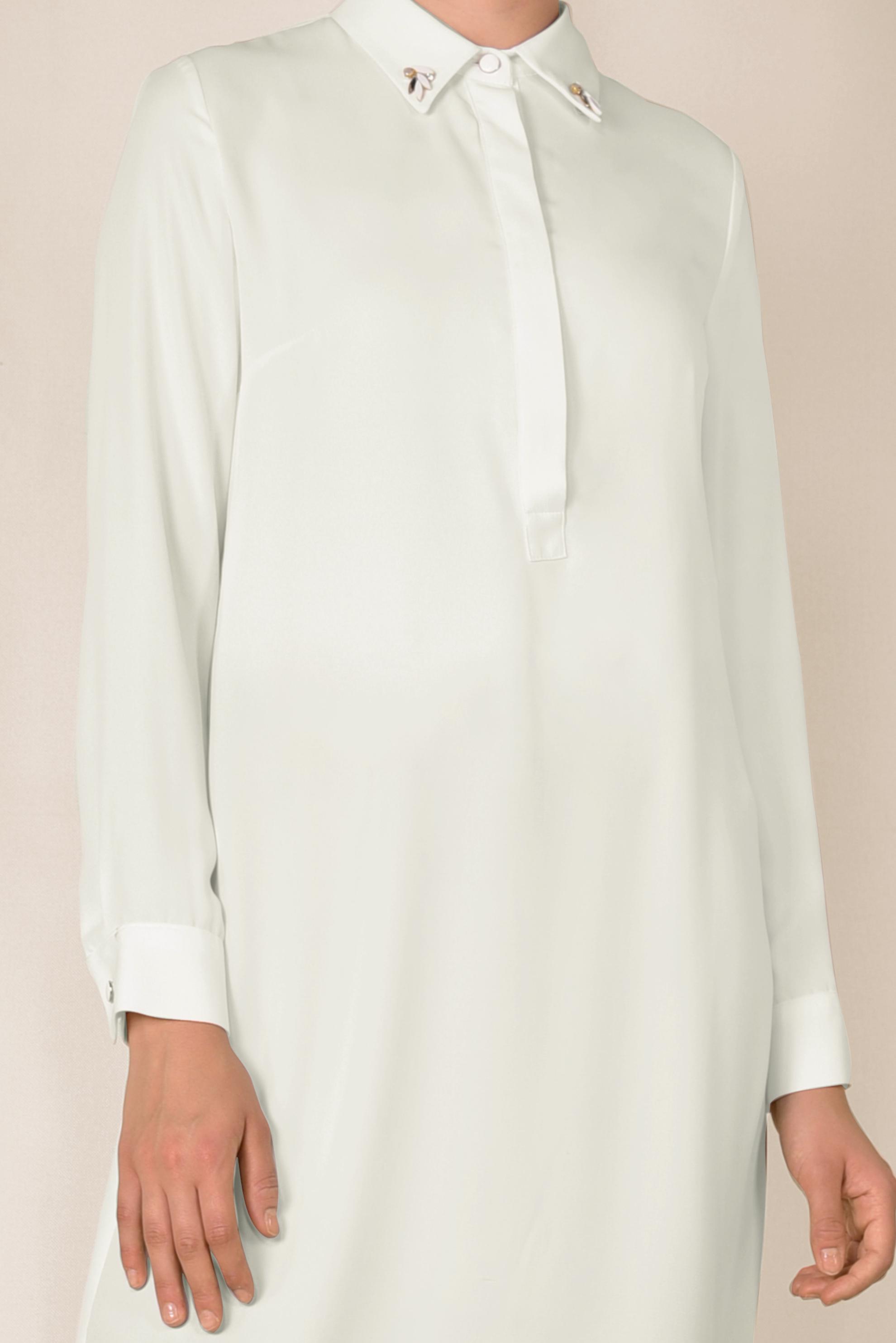 Tesettür giyim BEYAZ KLASİK KESİM ERKEK YAKA TUNİK 4859