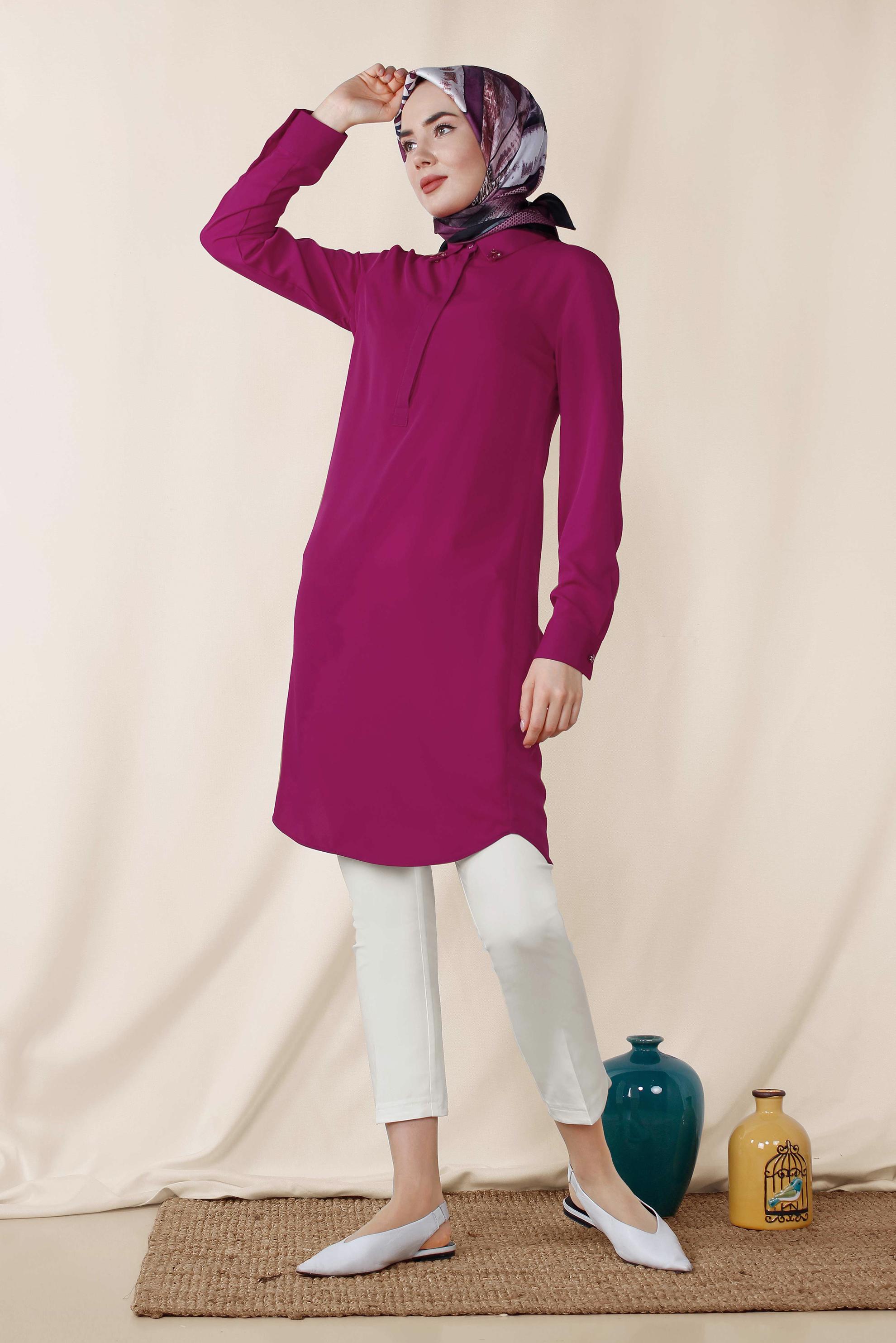 Tesettür giyim FUŞYA KLASİK KESİM ERKEK YAKA TUNİK 4859