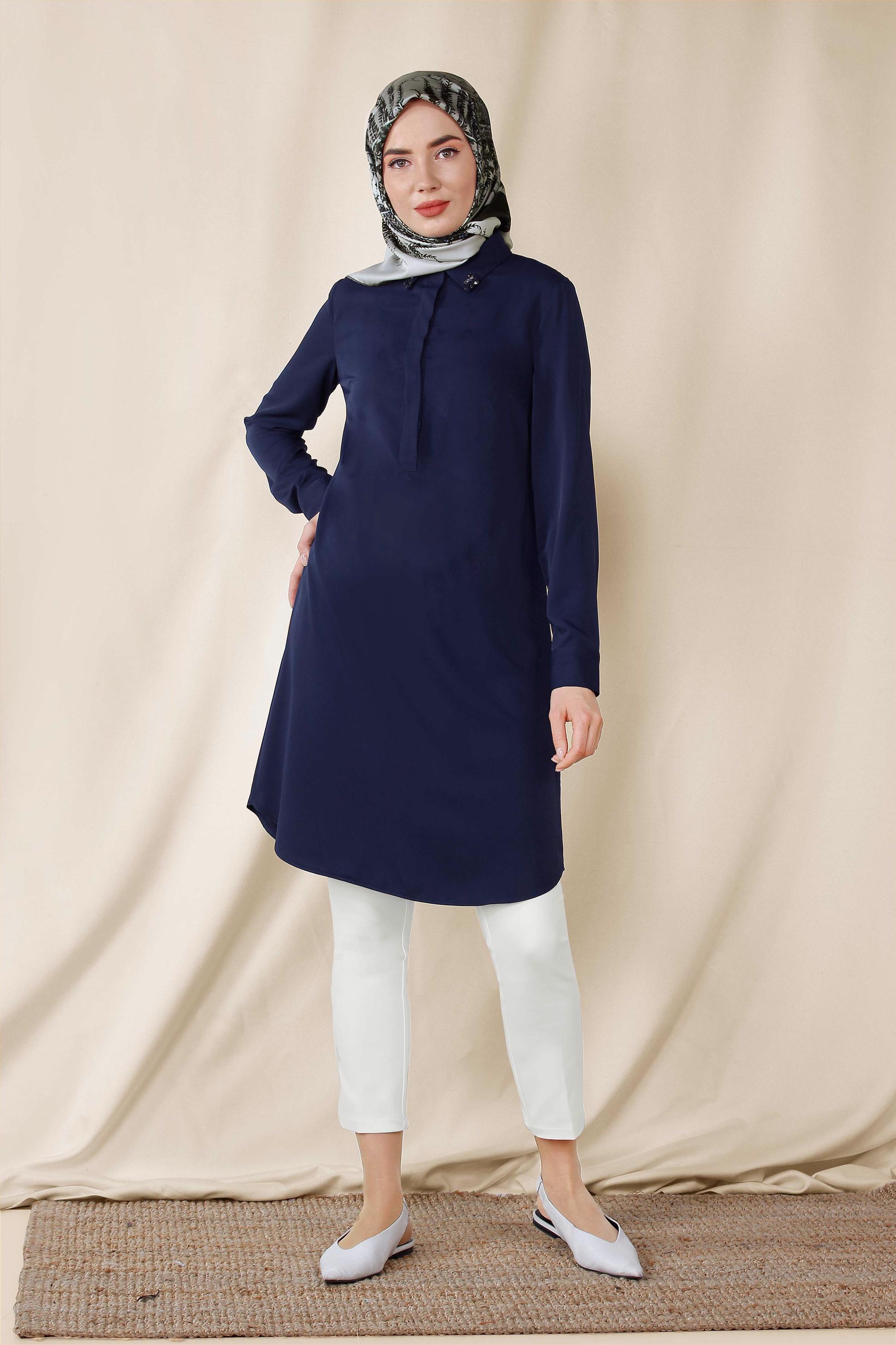 Tesettür giyim LACİVERT KLASİK KESİM ERKEK YAKA TUNİK 4859