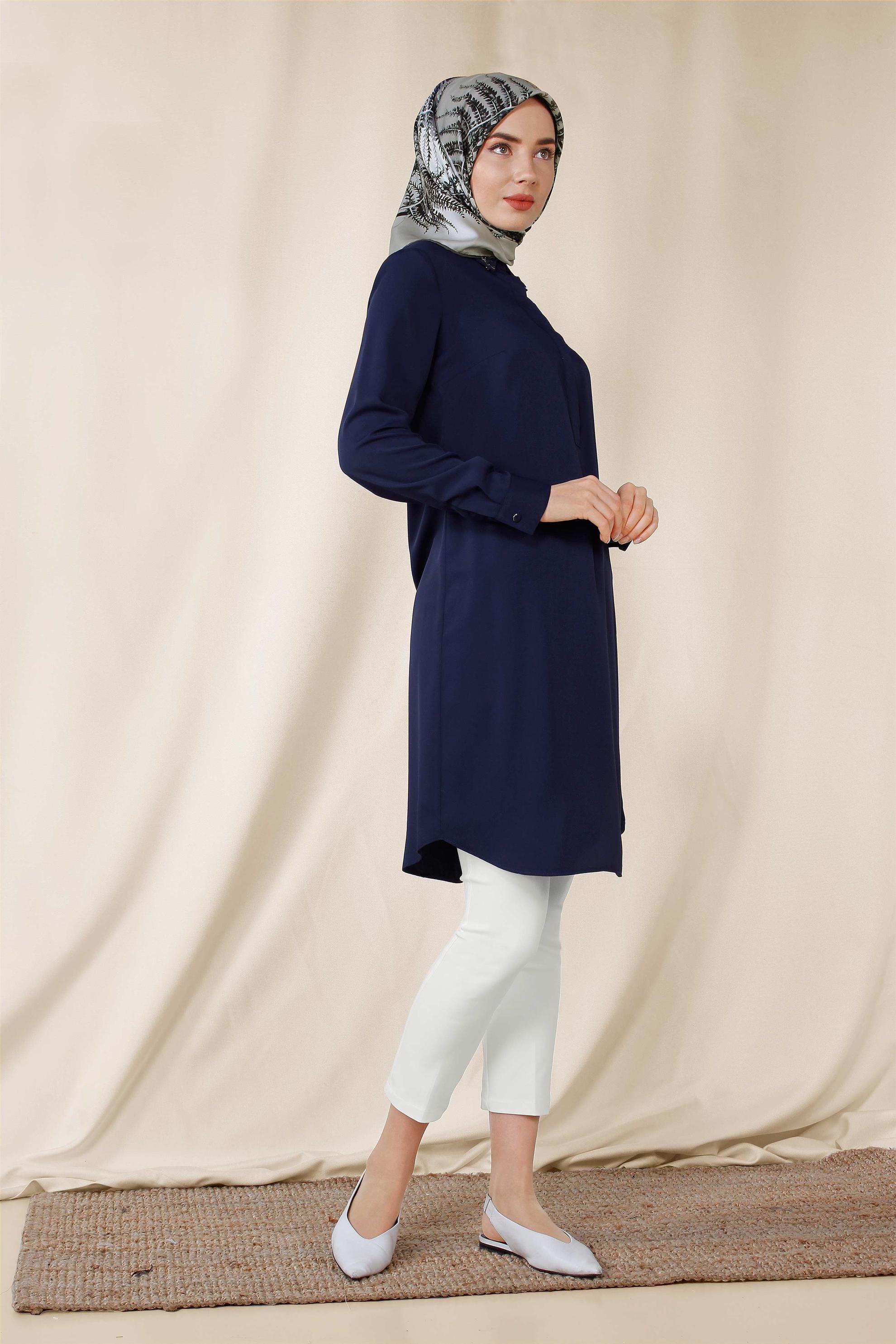 Tesettür giyim LACİVERT KLASİK KESİM ERKEK YAKA TUNİK 4859