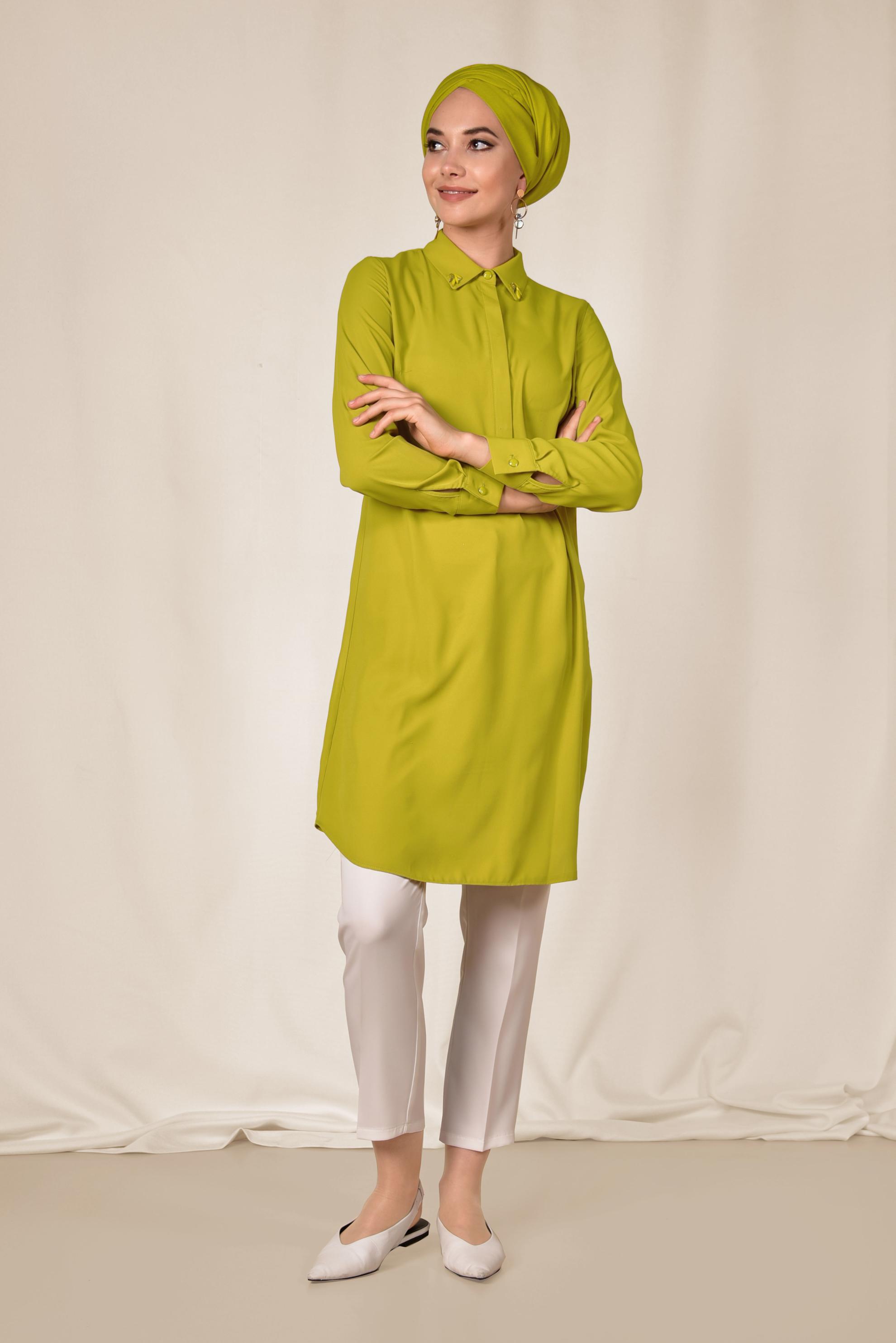 Tesettür giyim YEŞİL KLASİK KESİM ERKEK YAKA TUNİK 4859