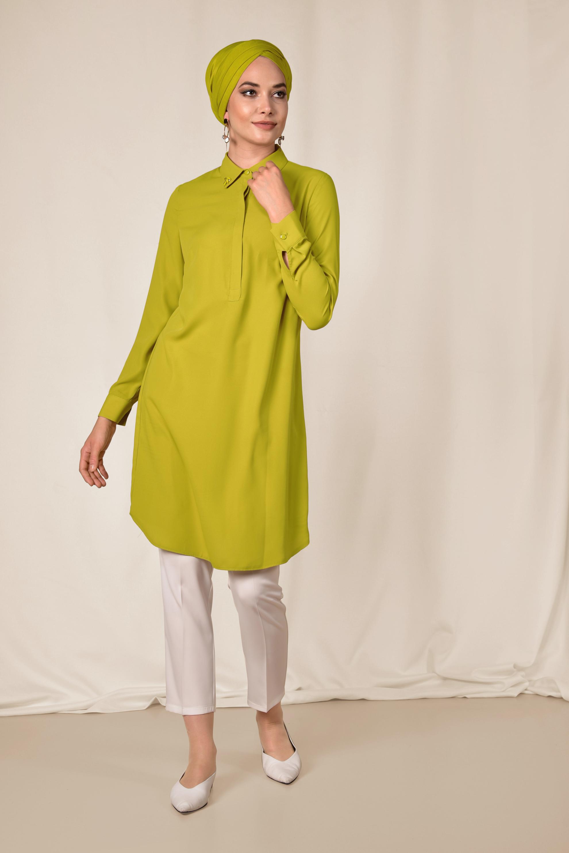 Tesettür giyim YEŞİL KLASİK KESİM ERKEK YAKA TUNİK 4859