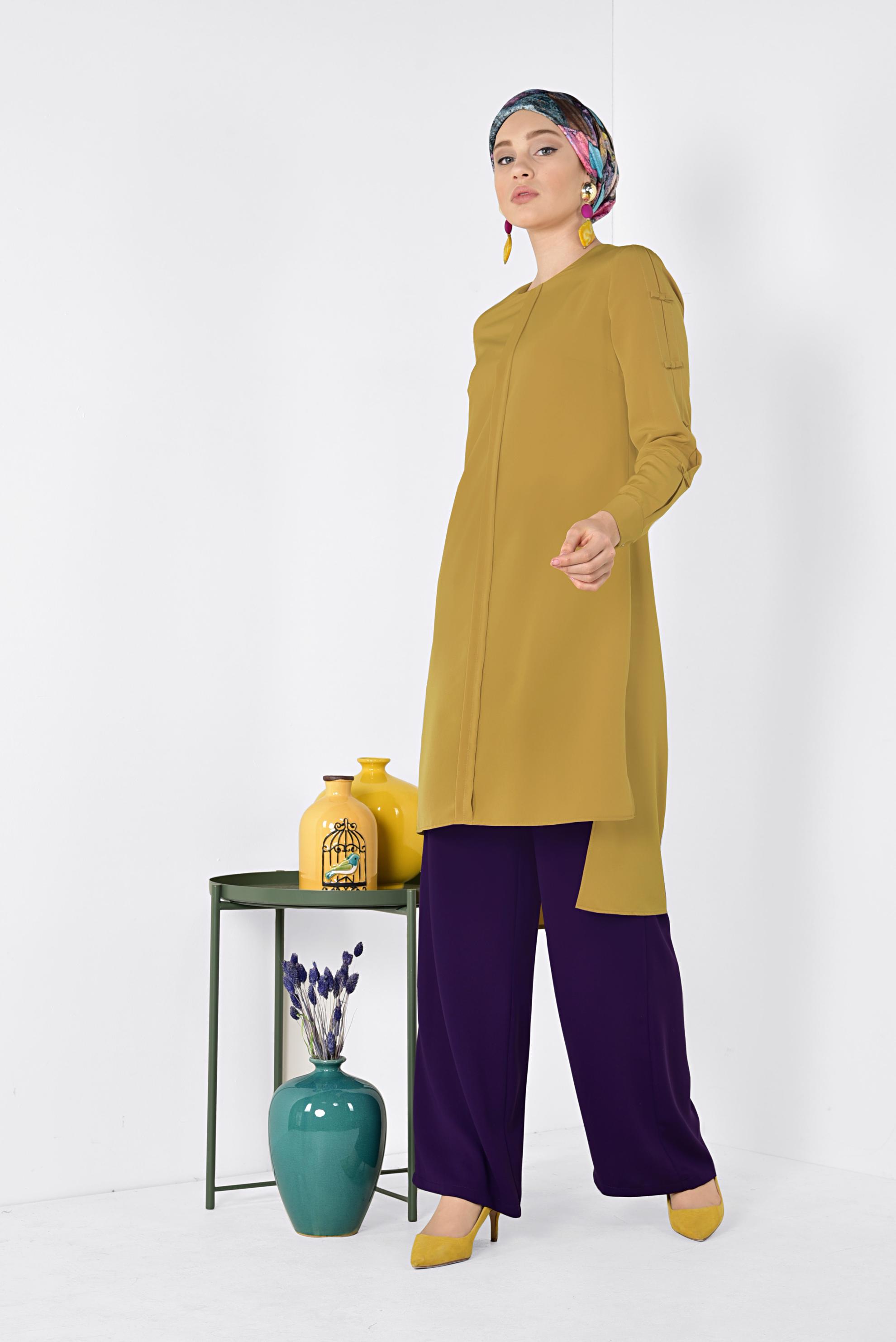 Tesettür giyim SARI ASİMETRİK KESİM UZUN TUNİK 4861