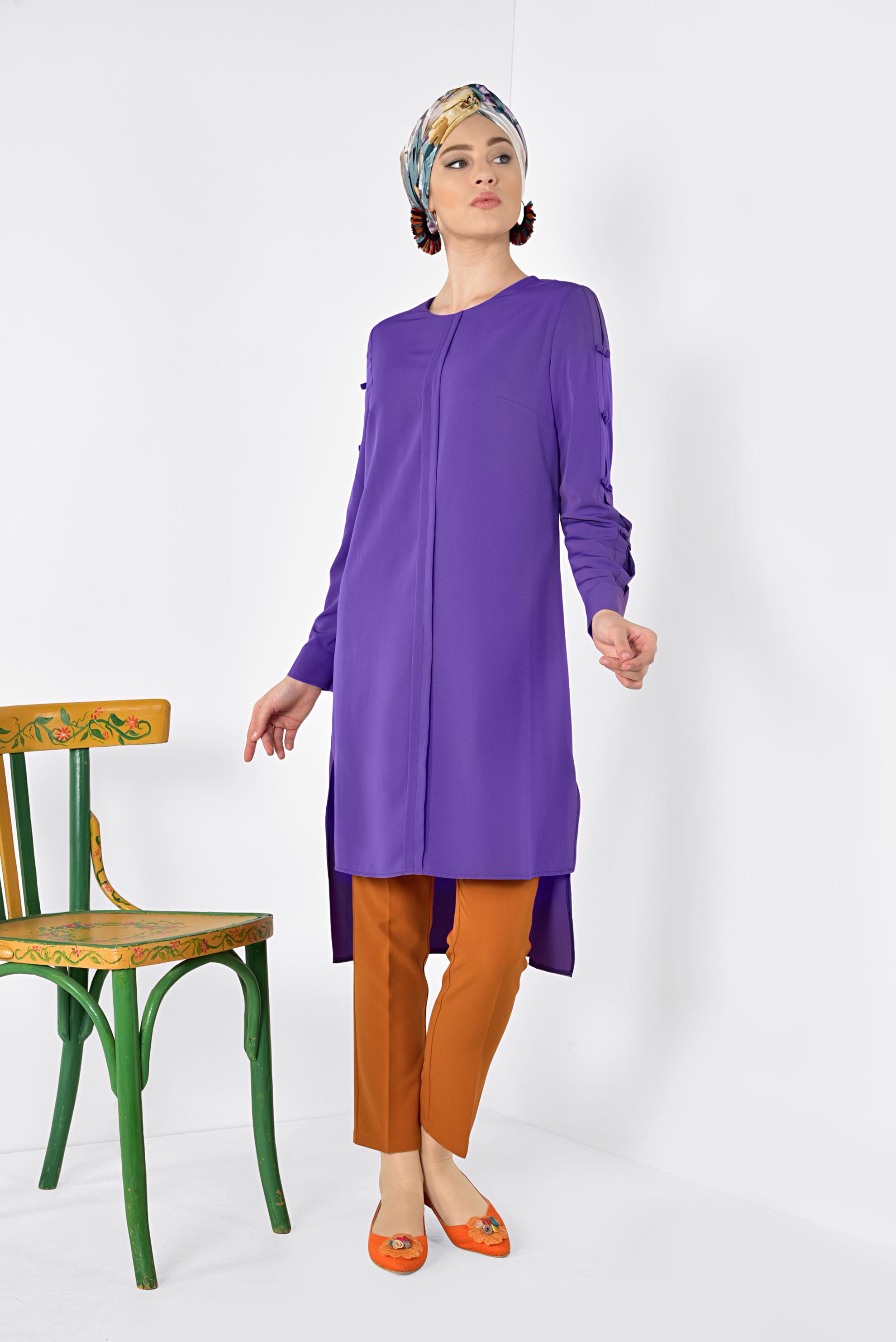 Tesettür giyim MOR ASİMETRİK KESİM UZUN TUNİK 4861