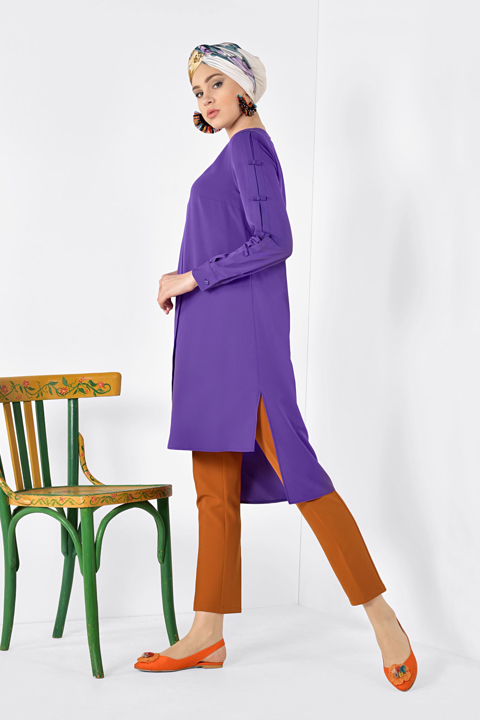 Tesettür giyim MOR ASİMETRİK KESİM UZUN TUNİK 4861