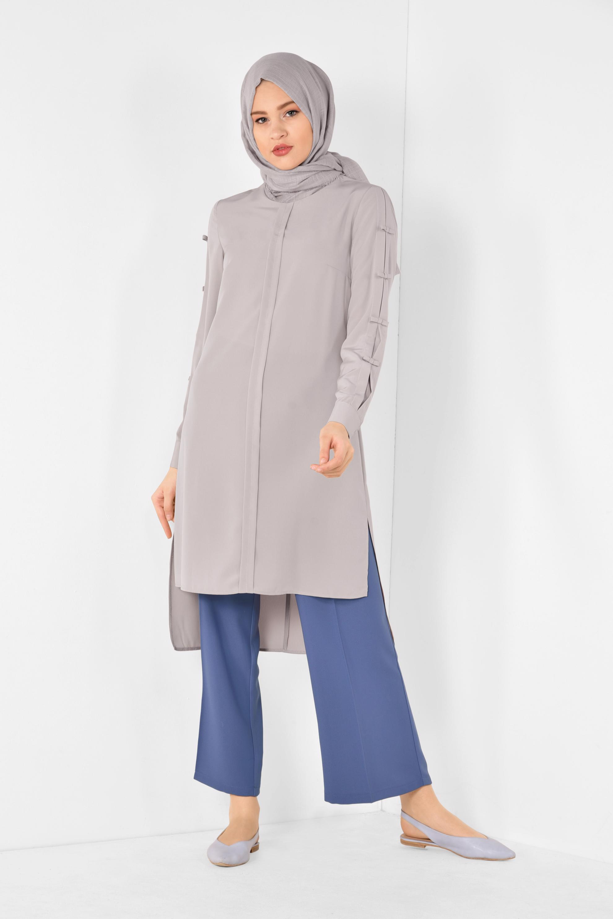 Tesettür giyim BEJ ASİMETRİK KESİM UZUN TUNİK 4861